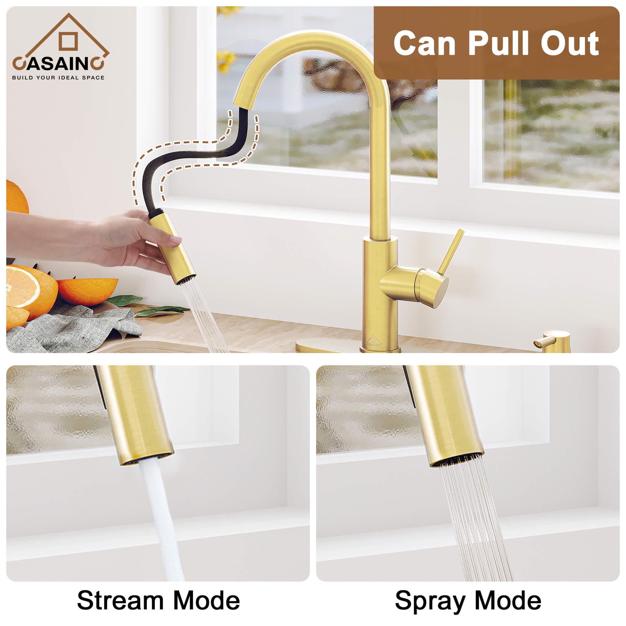 CASAINC Infrared Induction touchless pull down single handle Kitchen Faucet With LED Function in Matte Black/1.8gpm, soap dispenser contain-CASAINC