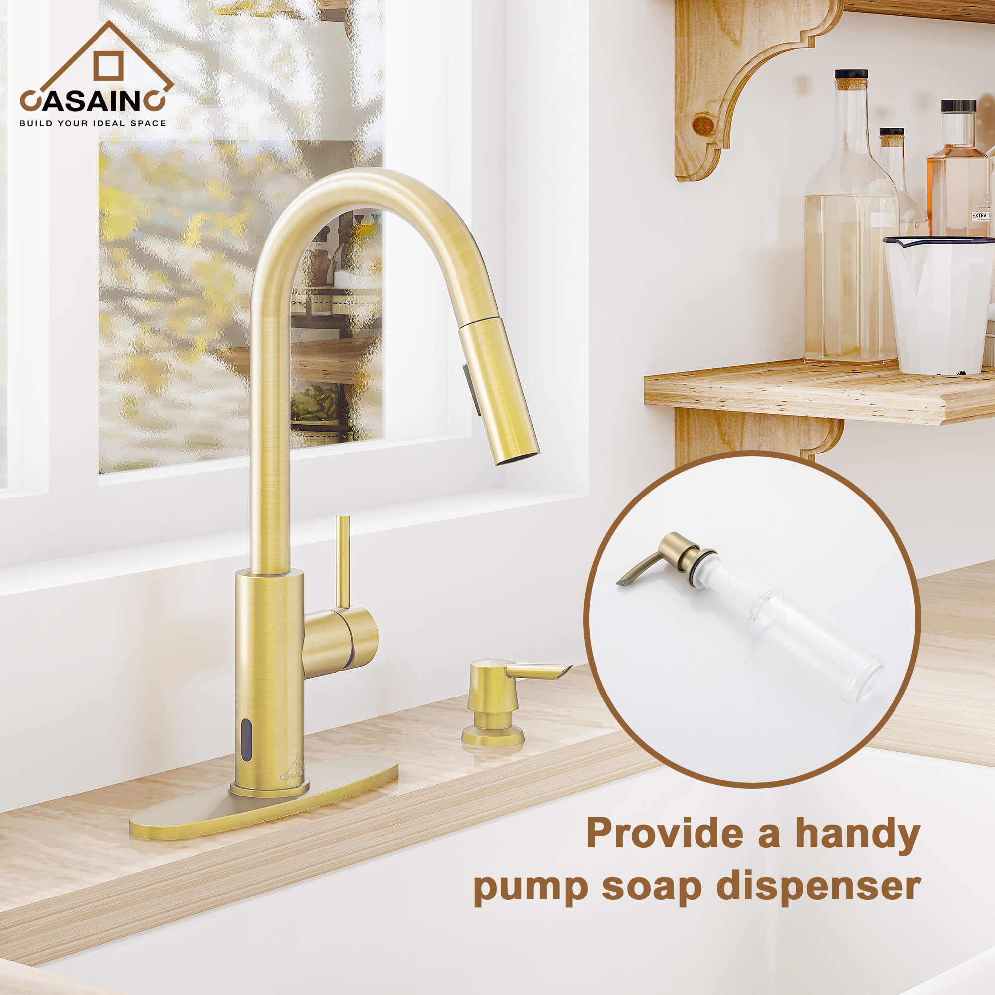 CASAINC Infrared Induction touchless pull down single handle Kitchen Faucet With LED Function in Matte Black/1.8gpm, soap dispenser contain-CASAINC