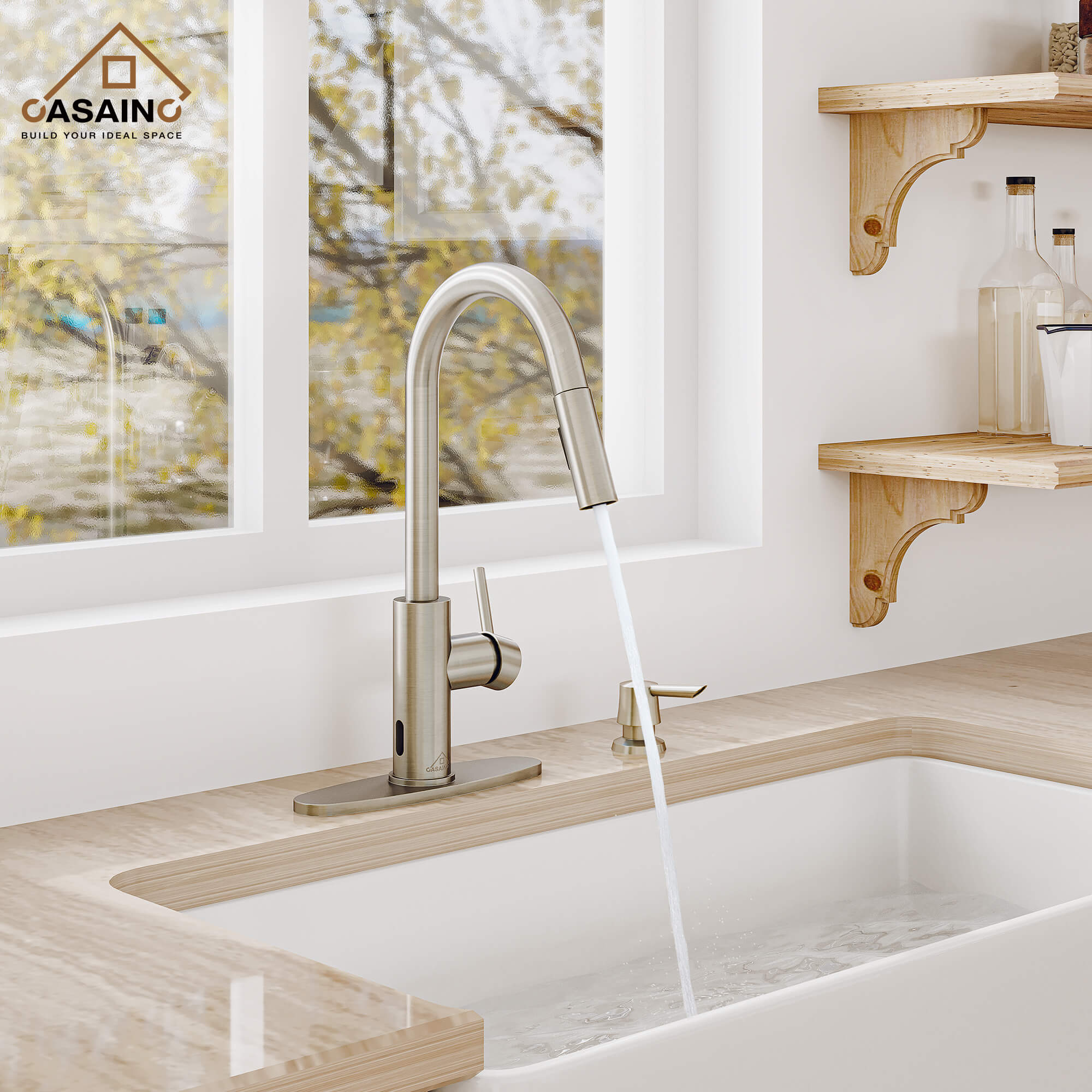 CASAINC Infrared Induction touchless pull down single handle Kitchen Faucet With LED Function in Matte Black/1.8gpm, soap dispenser contain-CASAINC