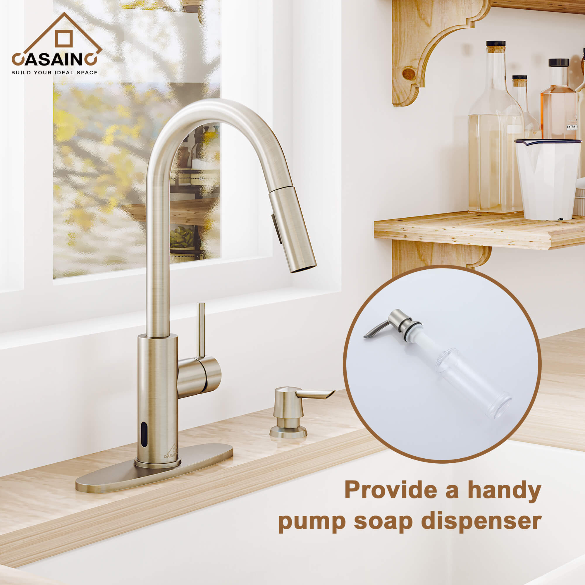 CASAINC Infrared Induction touchless pull down single handle Kitchen Faucet With LED Function in Matte Black/1.8gpm, soap dispenser contain-CASAINC