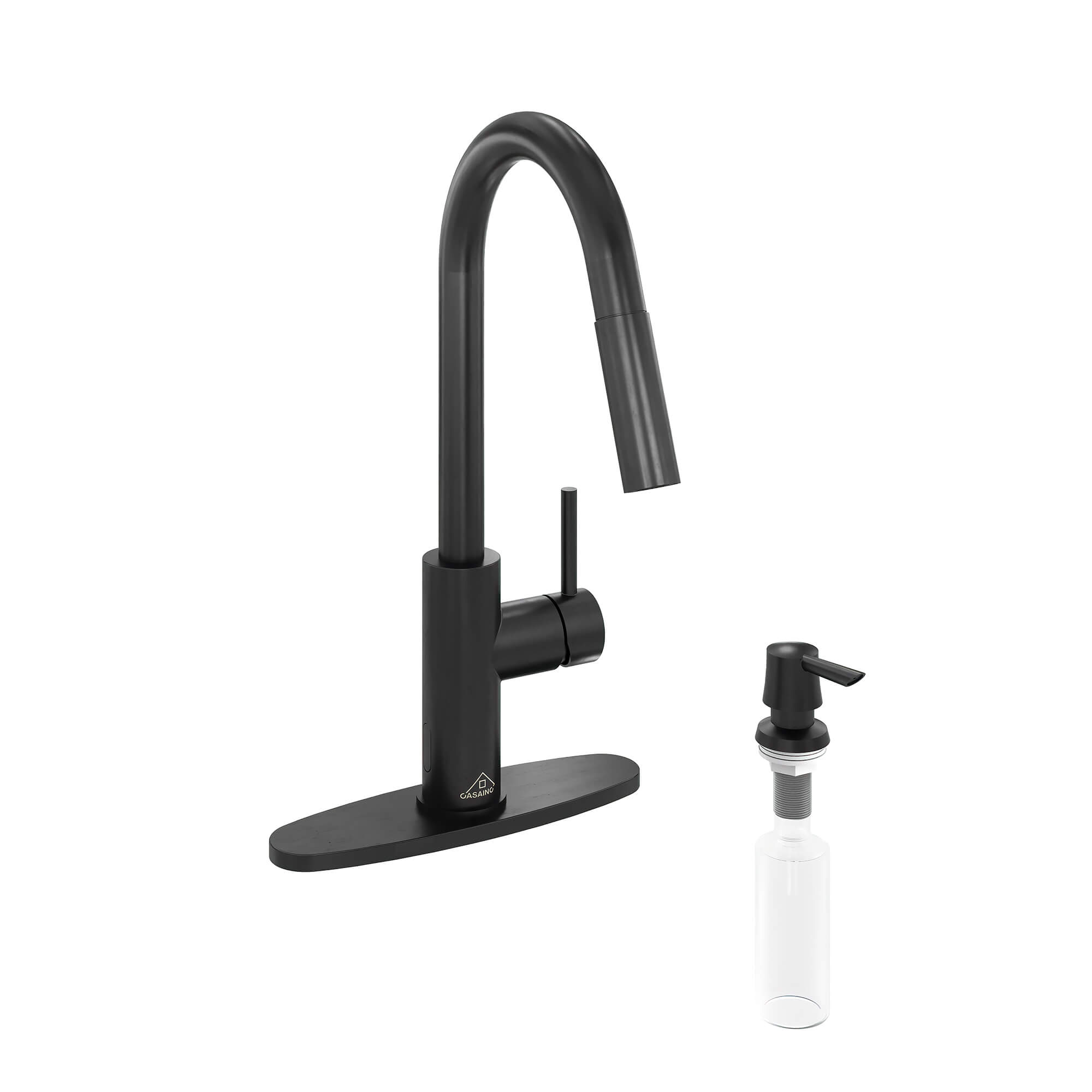 CASAINC Infrared Induction touchless pull down single handle Kitchen Faucet With LED Function in Matte Black/1.8gpm, soap dispenser contain-CASAINC
