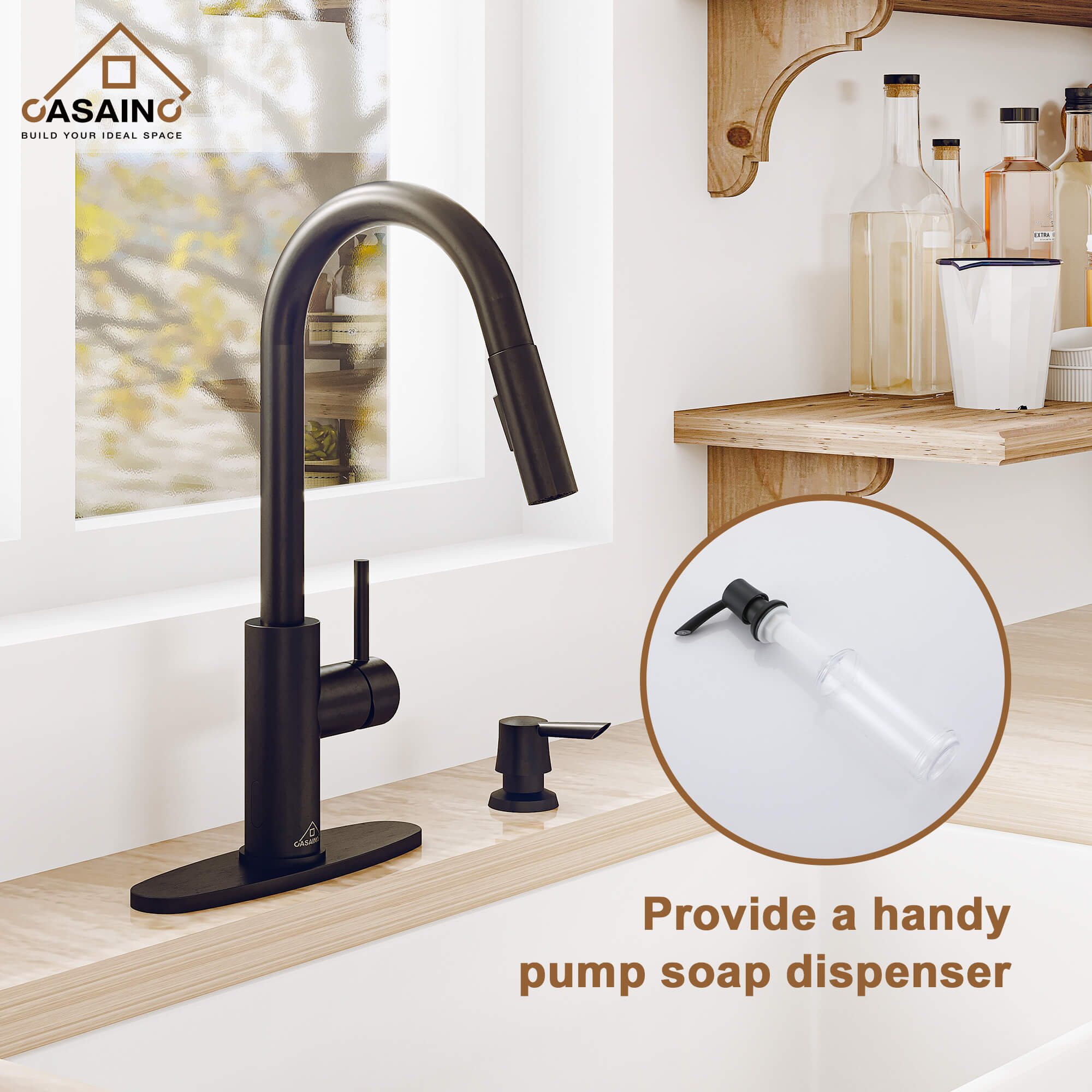 CASAINC Infrared Induction touchless pull down single handle Kitchen Faucet With LED Function in Matte Black/1.8gpm, soap dispenser contain-CASAINC
