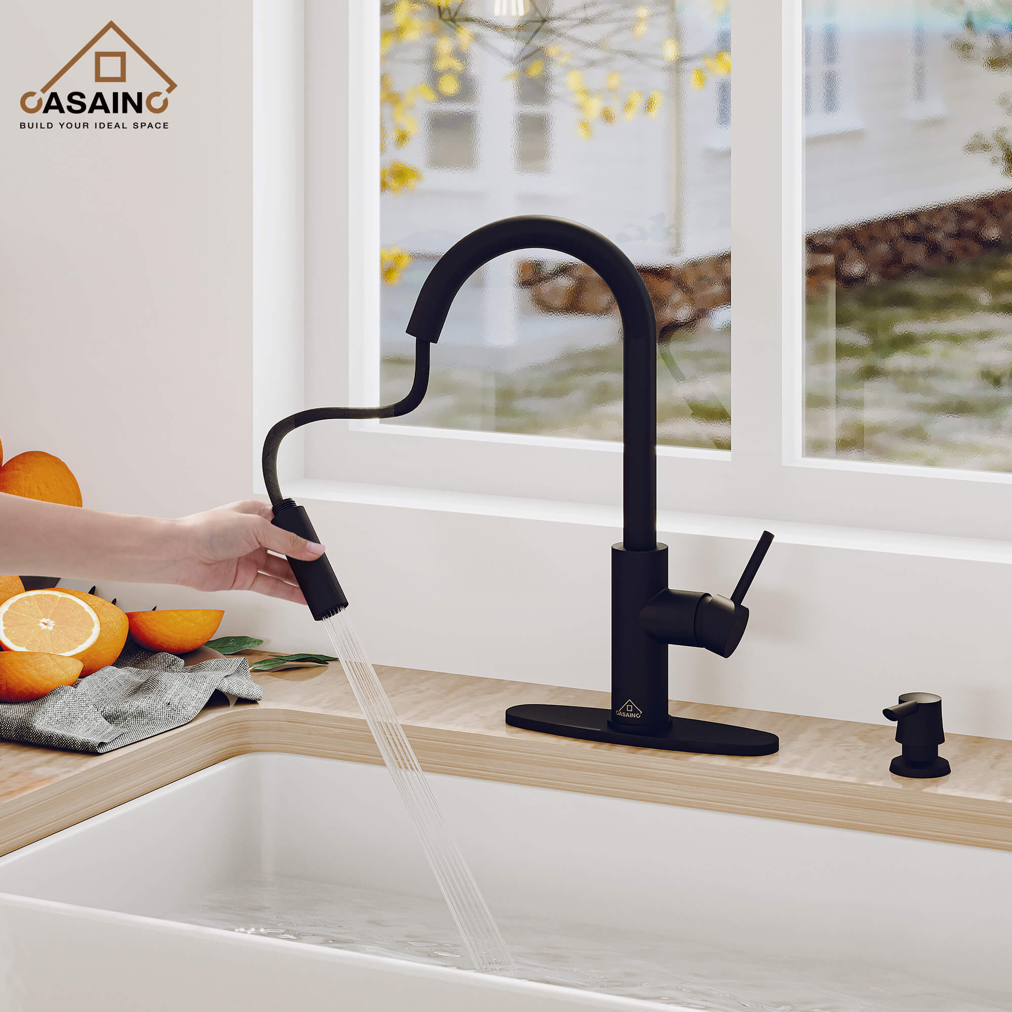 CASAINC Infrared Induction touchless pull down single handle Kitchen Faucet With LED Function in Matte Black/1.8gpm, soap dispenser contain-CASAINC