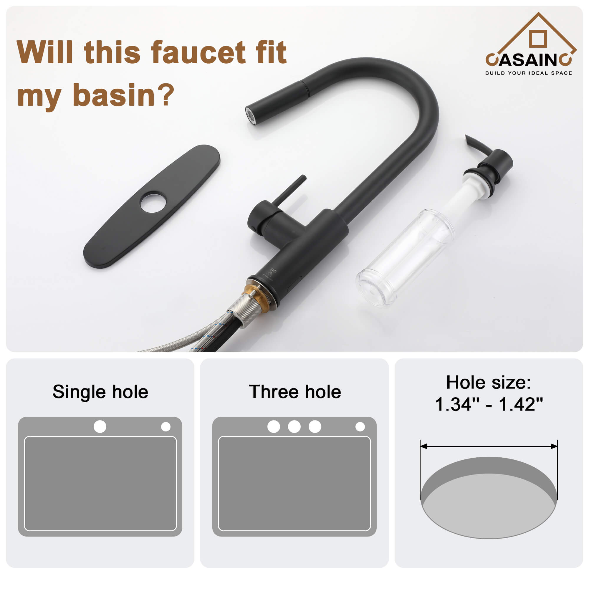 CASAINC Infrared Induction touchless pull down single handle Kitchen Faucet With LED Function in Matte Black/1.8gpm, soap dispenser contain-CASAINC