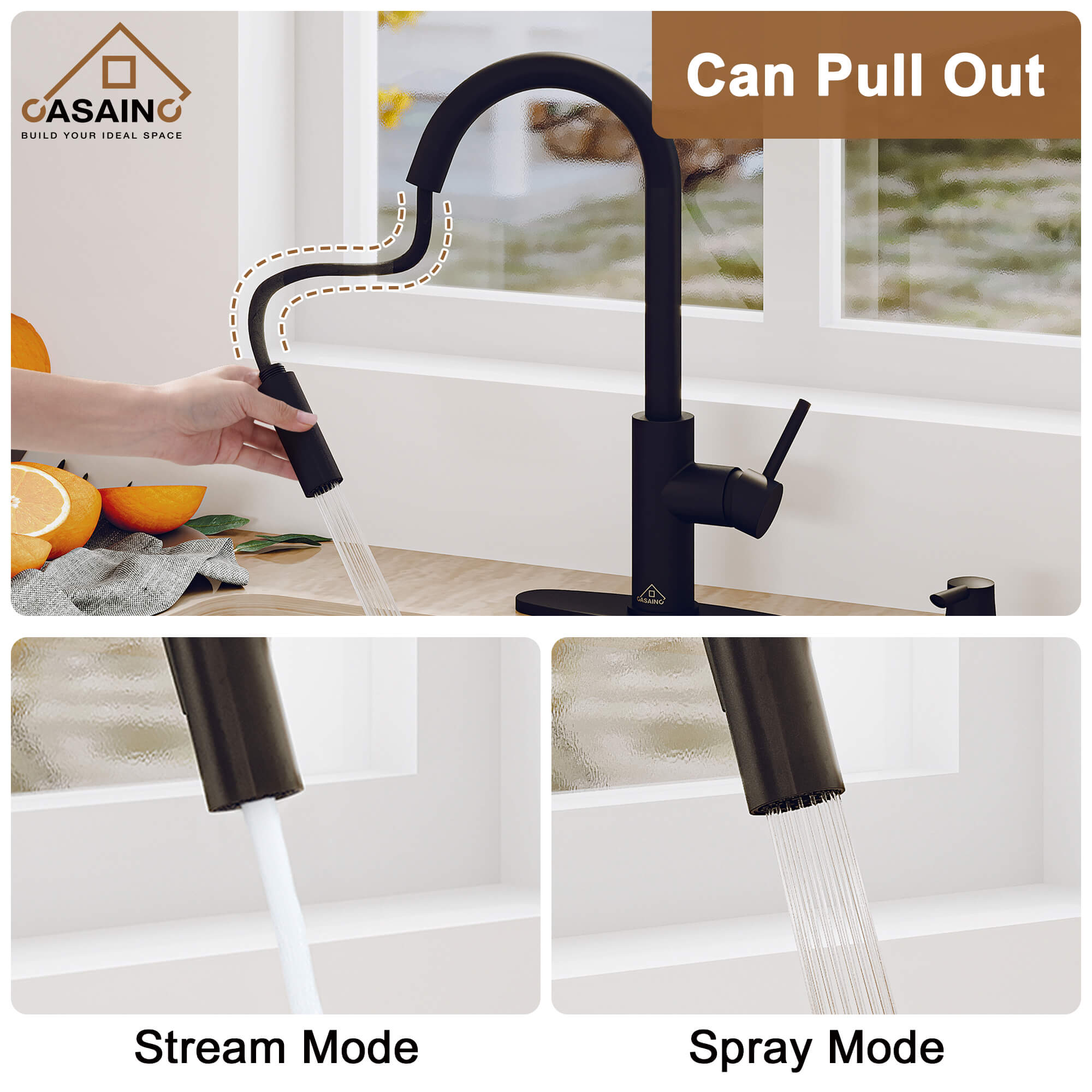 CASAINC Infrared Induction touchless pull down single handle Kitchen Faucet With LED Function in Matte Black/1.8gpm, soap dispenser contain-CASAINC