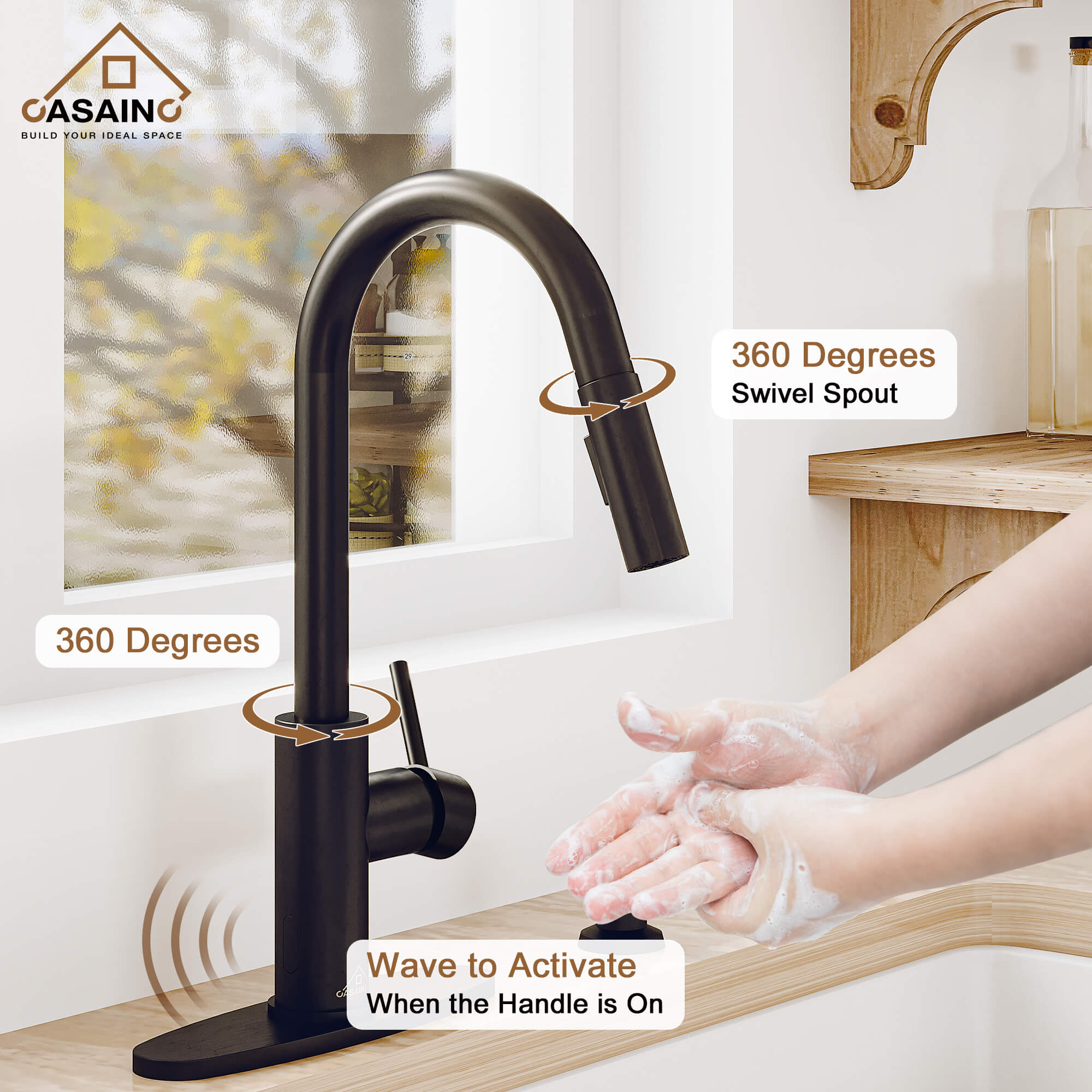 CASAINC Infrared Induction touchless pull down single handle Kitchen Faucet With LED Function in Matte Black/1.8gpm, soap dispenser contain-CASAINC