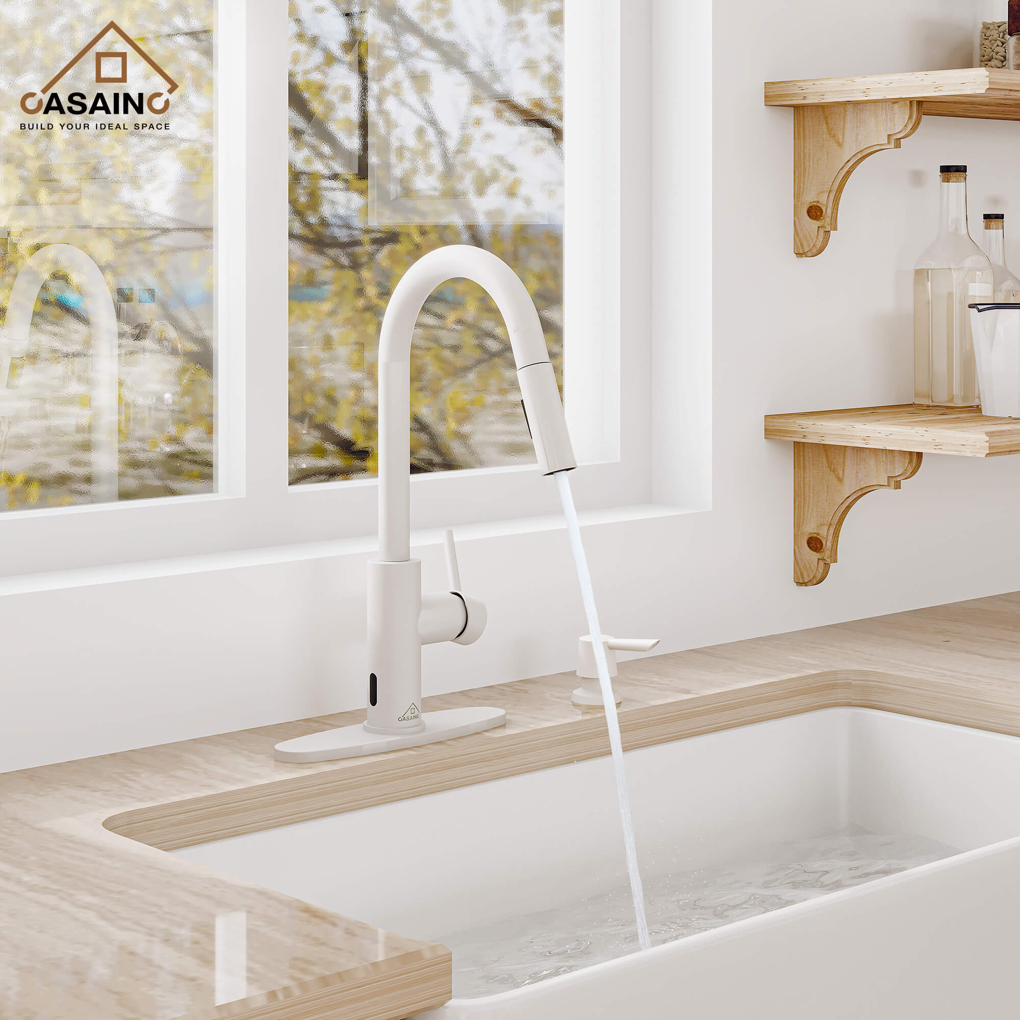 CASAINC Infrared Induction touchless pull down single handle Kitchen Faucet With LED Function in Matte Black/1.8gpm, soap dispenser contain-CASAINC