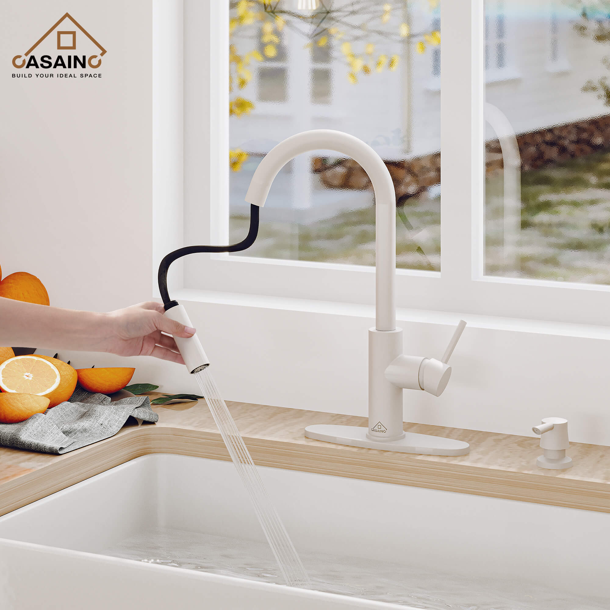 CASAINC Infrared Induction touchless pull down single handle Kitchen Faucet With LED Function in Matte Black/1.8gpm, soap dispenser contain-CASAINC