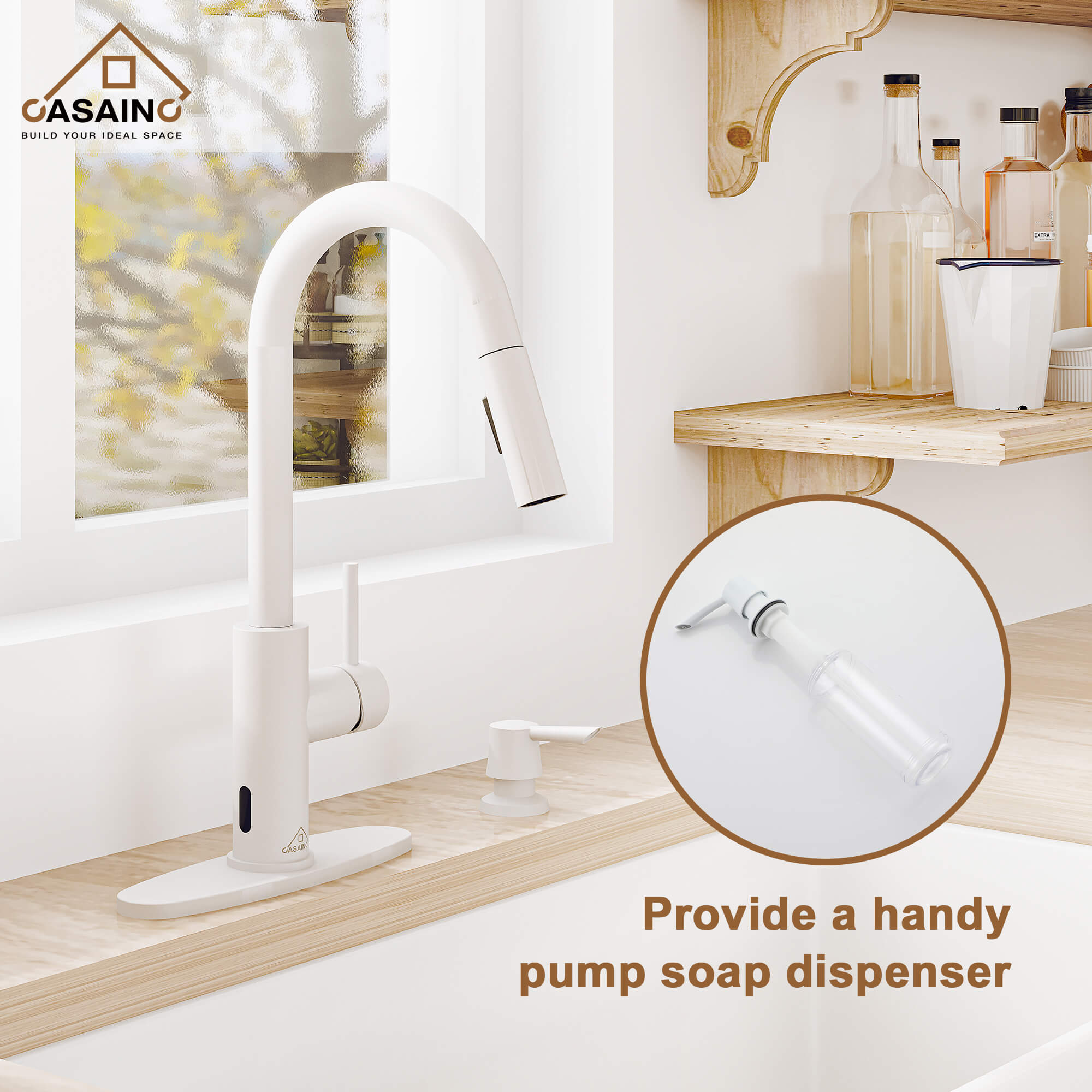 CASAINC Infrared Induction touchless pull down single handle Kitchen Faucet With LED Function in Matte Black/1.8gpm, soap dispenser contain-CASAINC