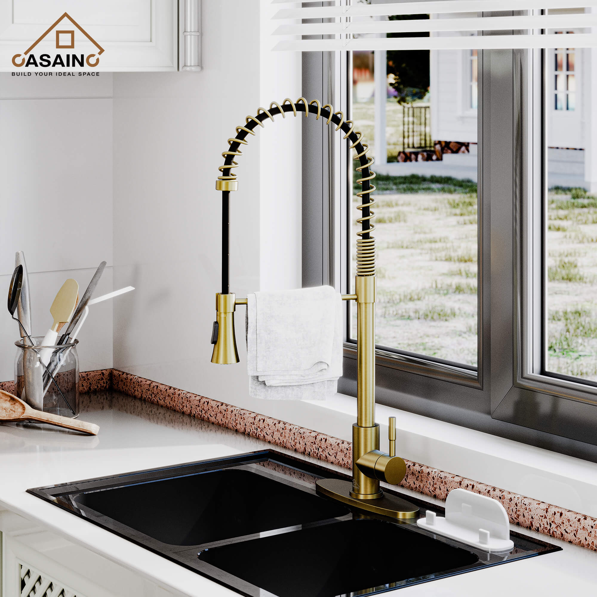 CASAINC 1.8GPM Modern Spring Pull Out Kitchen Faucet in Brushed Nickel and More-CASAINC