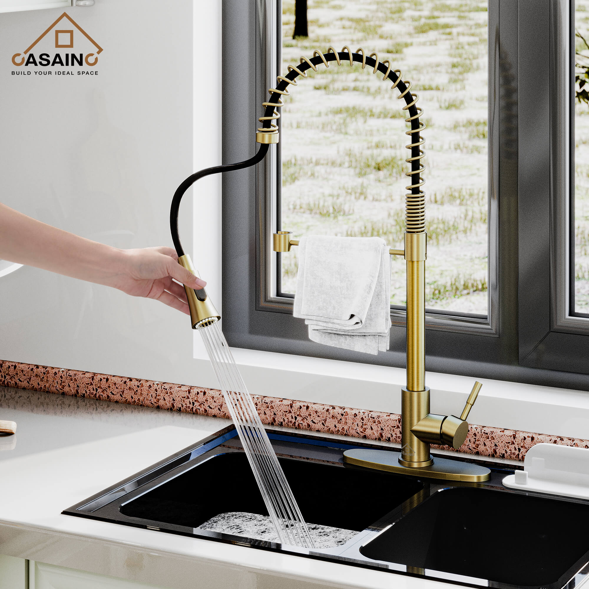 CASAINC 1.8GPM Modern Spring Pull Out Kitchen Faucet in Brushed Nickel and More-CASAINC