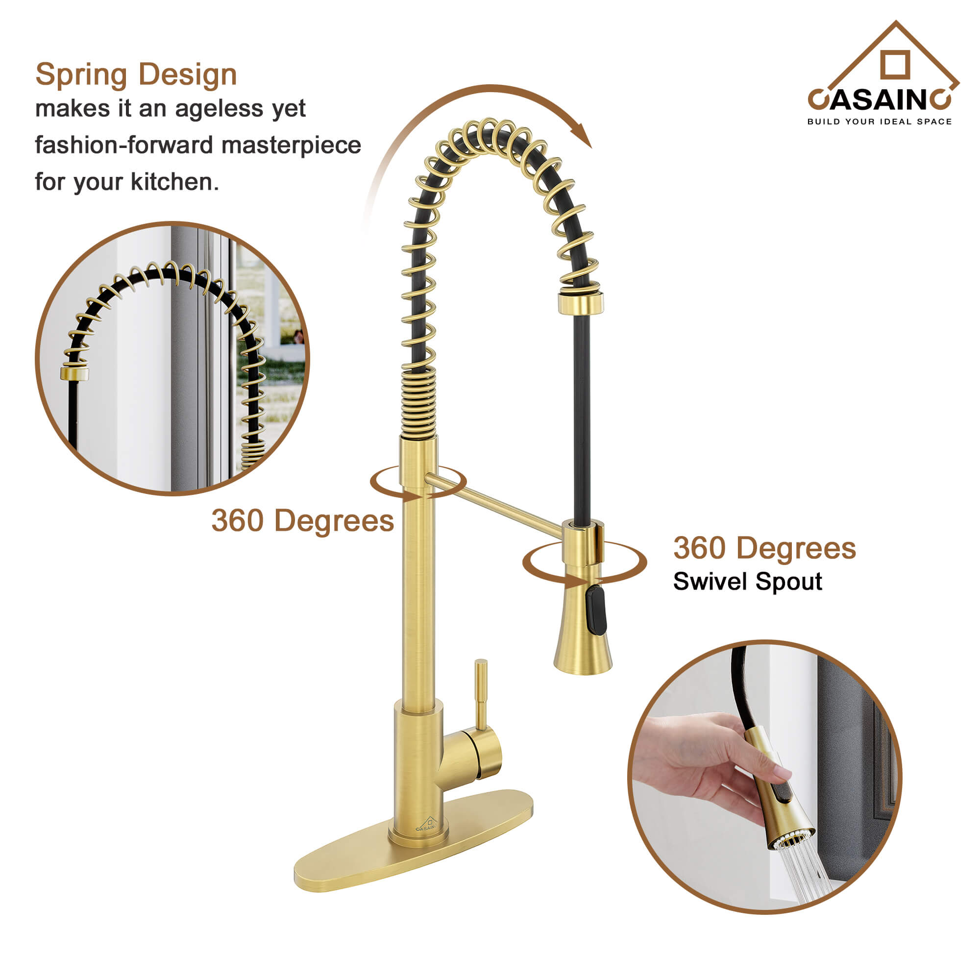 CASAINC 1.8GPM Modern Spring Pull Out Kitchen Faucet in Brushed Nickel and More-CASAINC