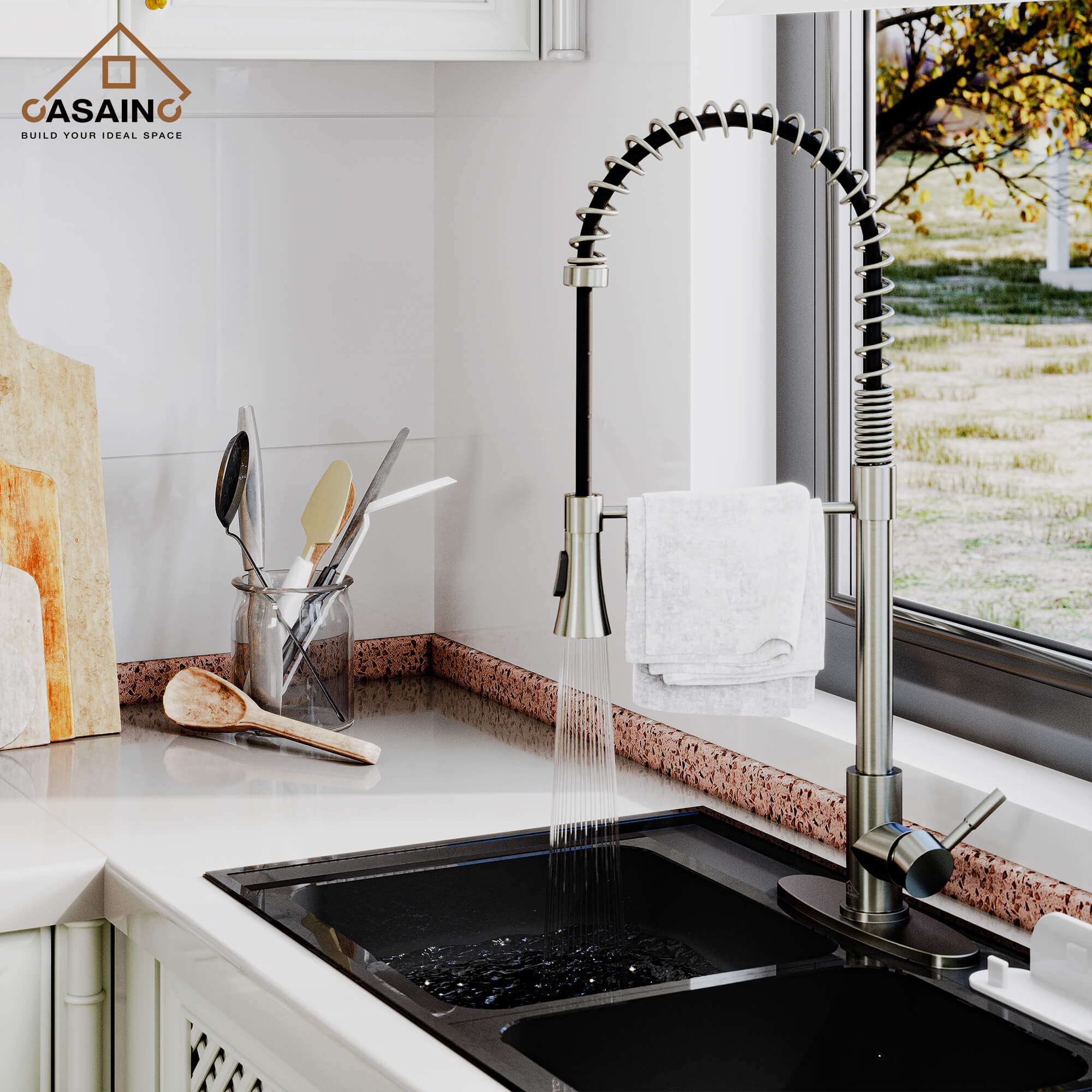 CASAINC 1.8GPM Modern Spring Pull Out Kitchen Faucet in Brushed Nickel and More-CASAINC