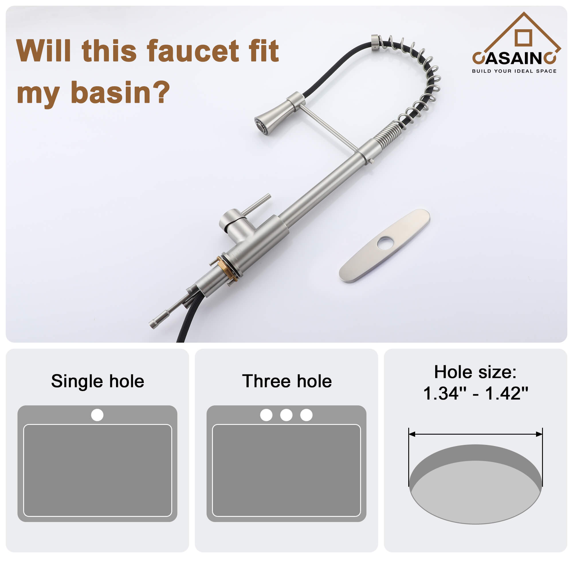 CASAINC 1.8GPM Modern Spring Pull Out Kitchen Faucet in Brushed Nickel and More-CASAINC