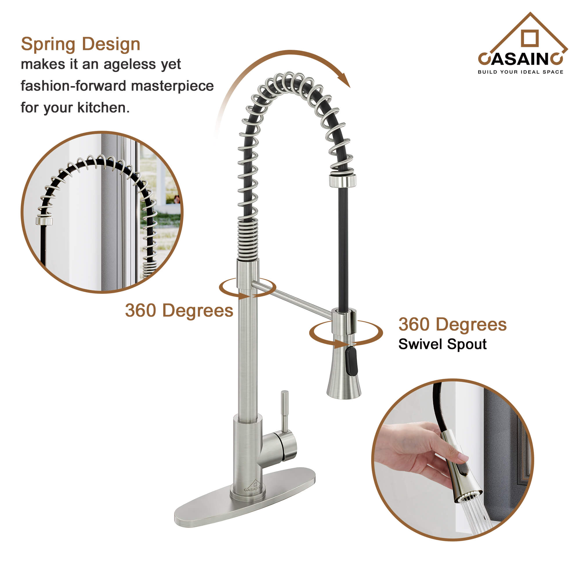 CASAINC 1.8GPM Modern Spring Pull Out Kitchen Faucet in Brushed Nickel and More-CASAINC