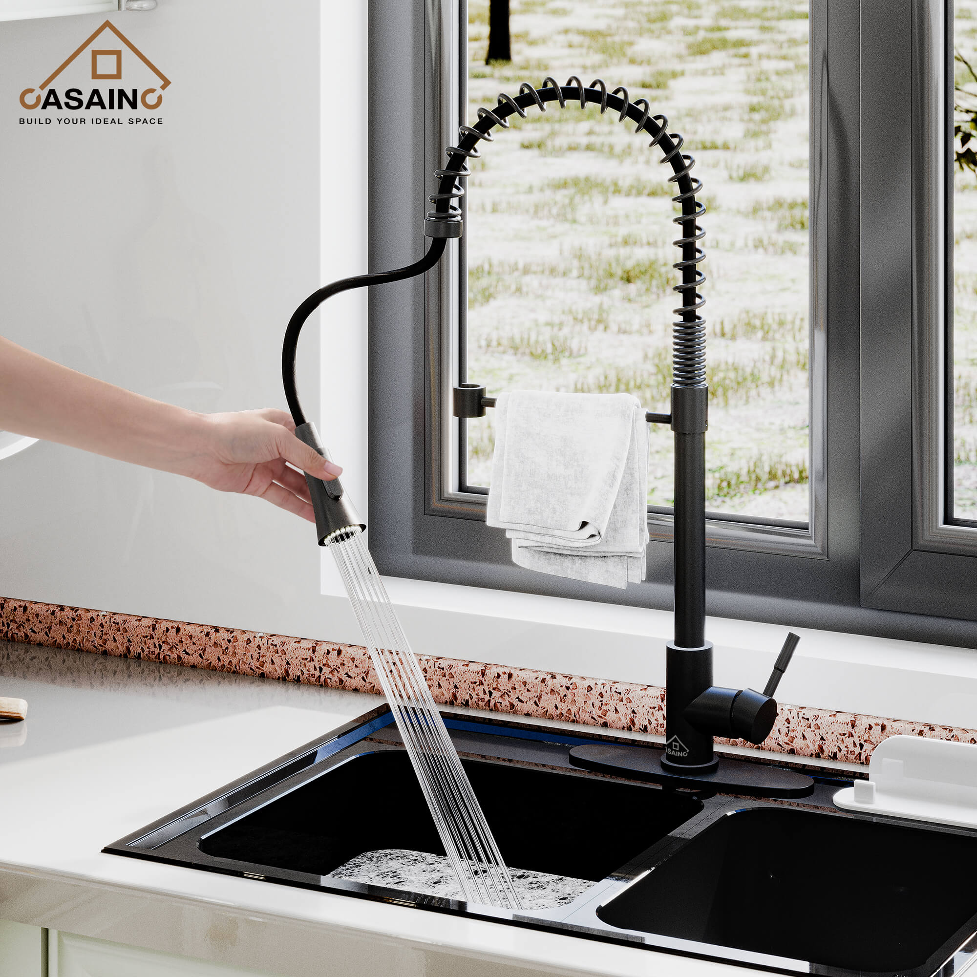 CASAINC 1.8GPM Modern Spring Pull Out Kitchen Faucet in Brushed Nickel and More-CASAINC