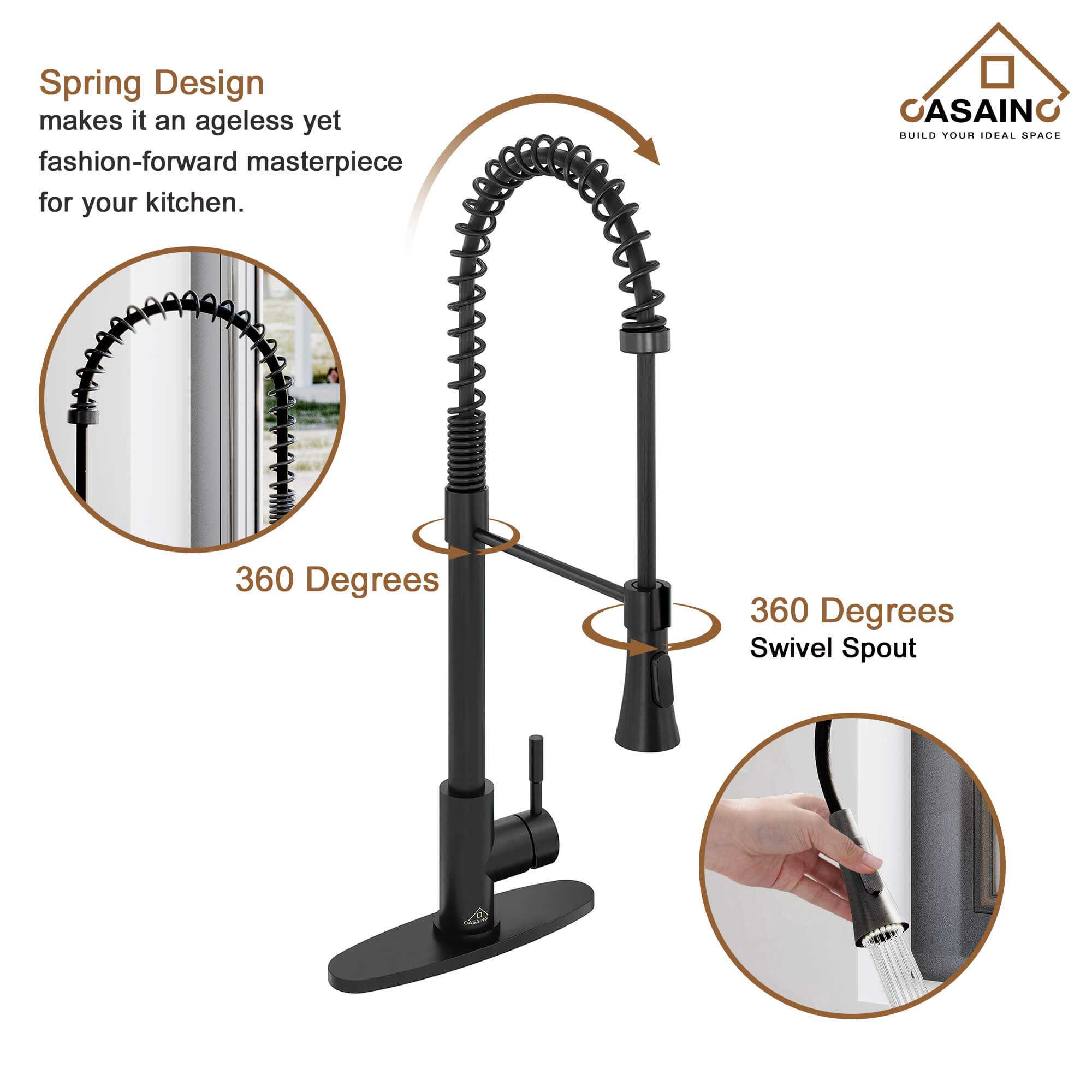 CASAINC 1.8GPM Modern Spring Pull Out Kitchen Faucet in Brushed Nickel and More-CASAINC