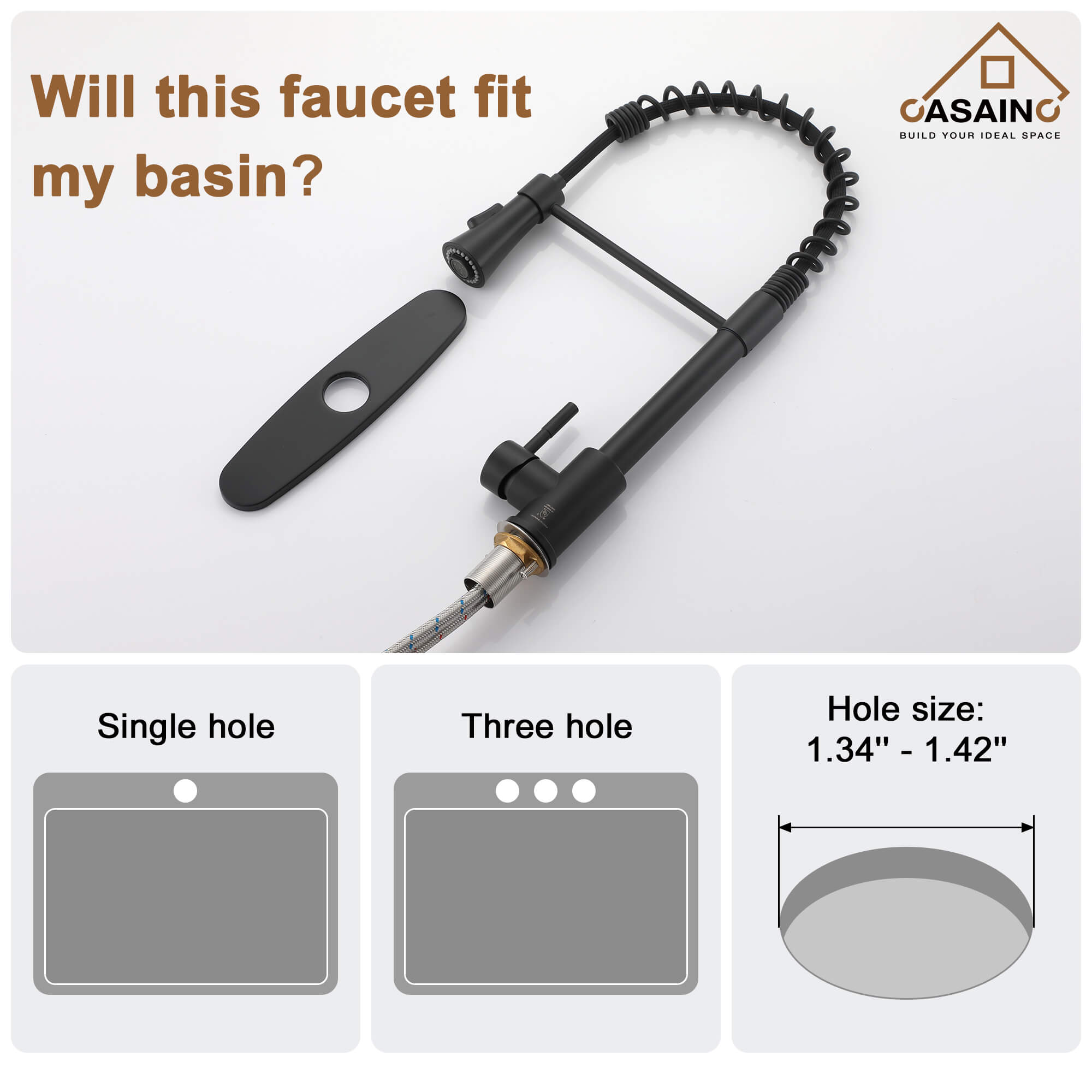 CASAINC 1.8GPM Non-pull Kitchen Faucet with Base Plate in Matte Black and More-CASAINC