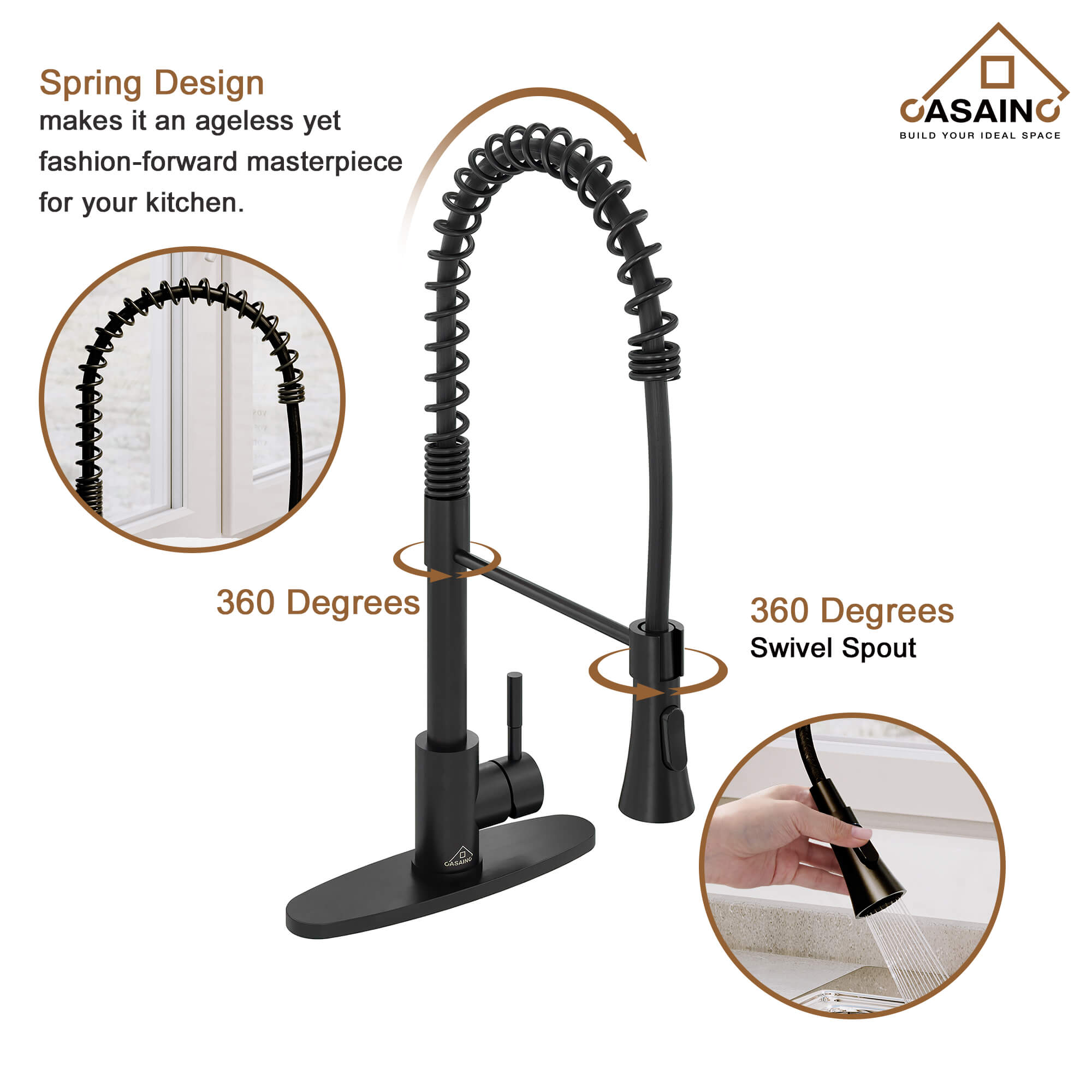 CASAINC 1.8GPM Non-pull Kitchen Faucet with Base Plate in Matte Black and More-CASAINC