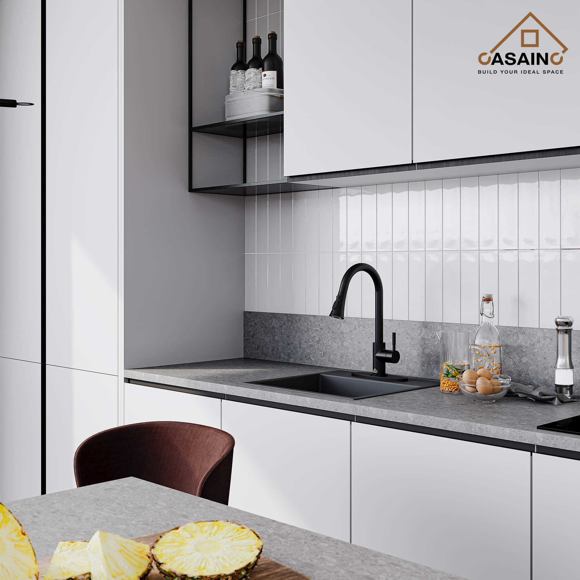 CASAINC 1.8GPM Pull-out Kitchen Faucet in Matte Black/White-CASAINC