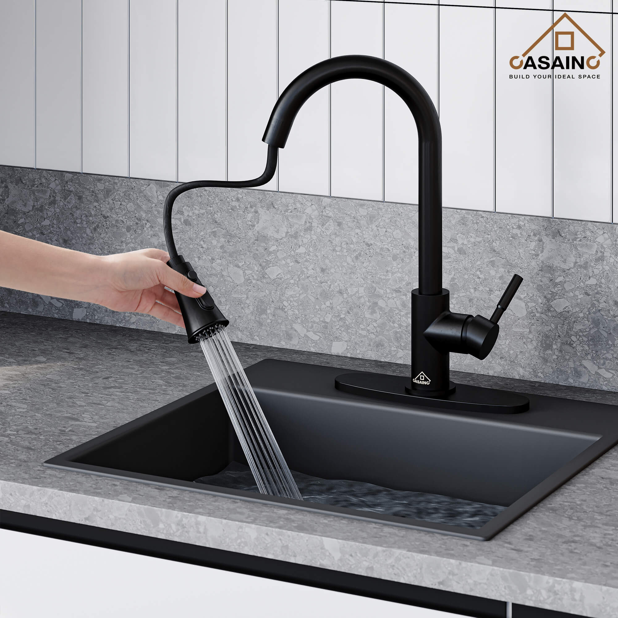 CASAINC 1.8GPM Pull-out Kitchen Faucet in Matte Black/White-CASAINC