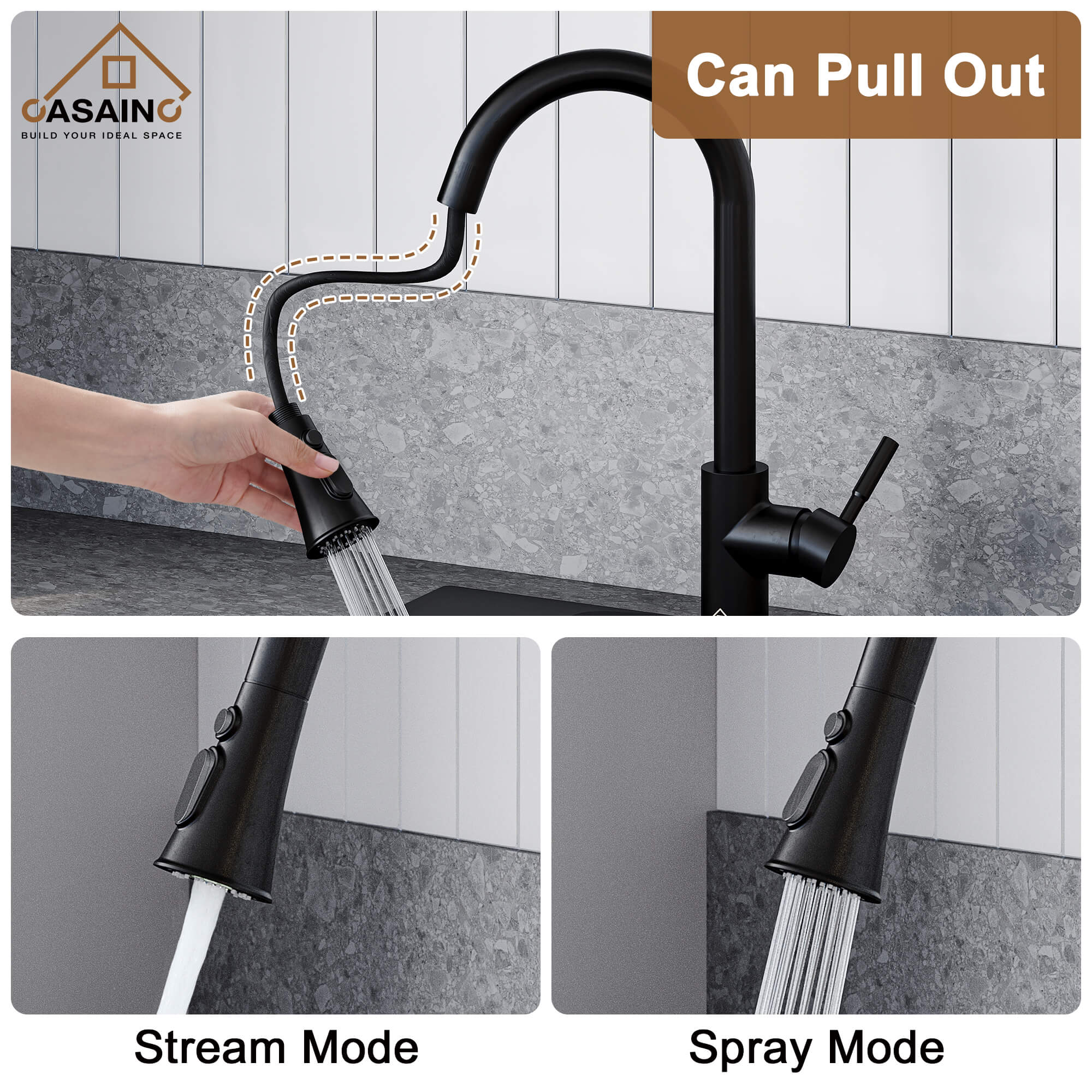 CASAINC 1.8GPM Pull-out Kitchen Faucet in Matte Black/White-CASAINC