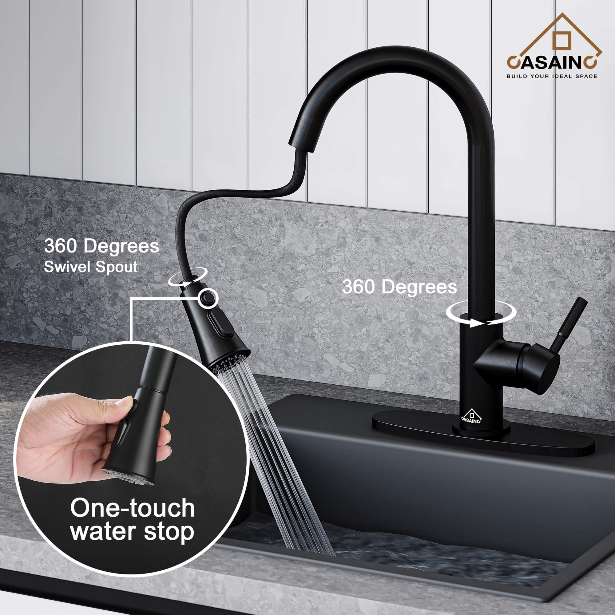 CASAINC 1.8GPM Pull-out Kitchen Faucet in Matte Black/White-CASAINC