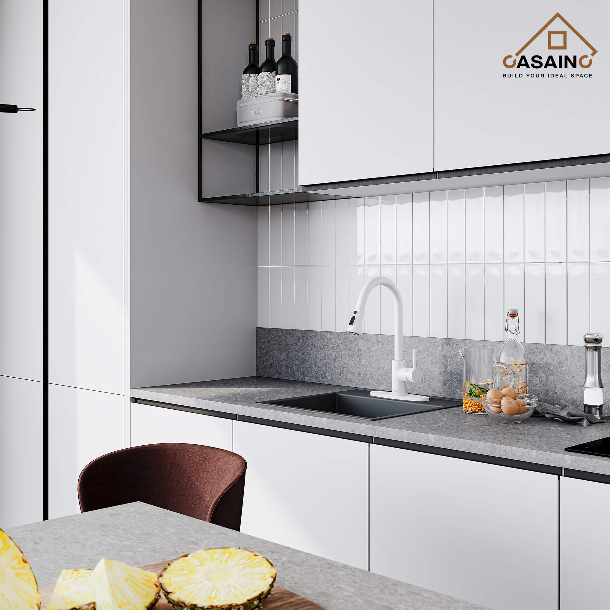 CASAINC 1.8GPM Pull-out Kitchen Faucet in Matte Black/White-CASAINC