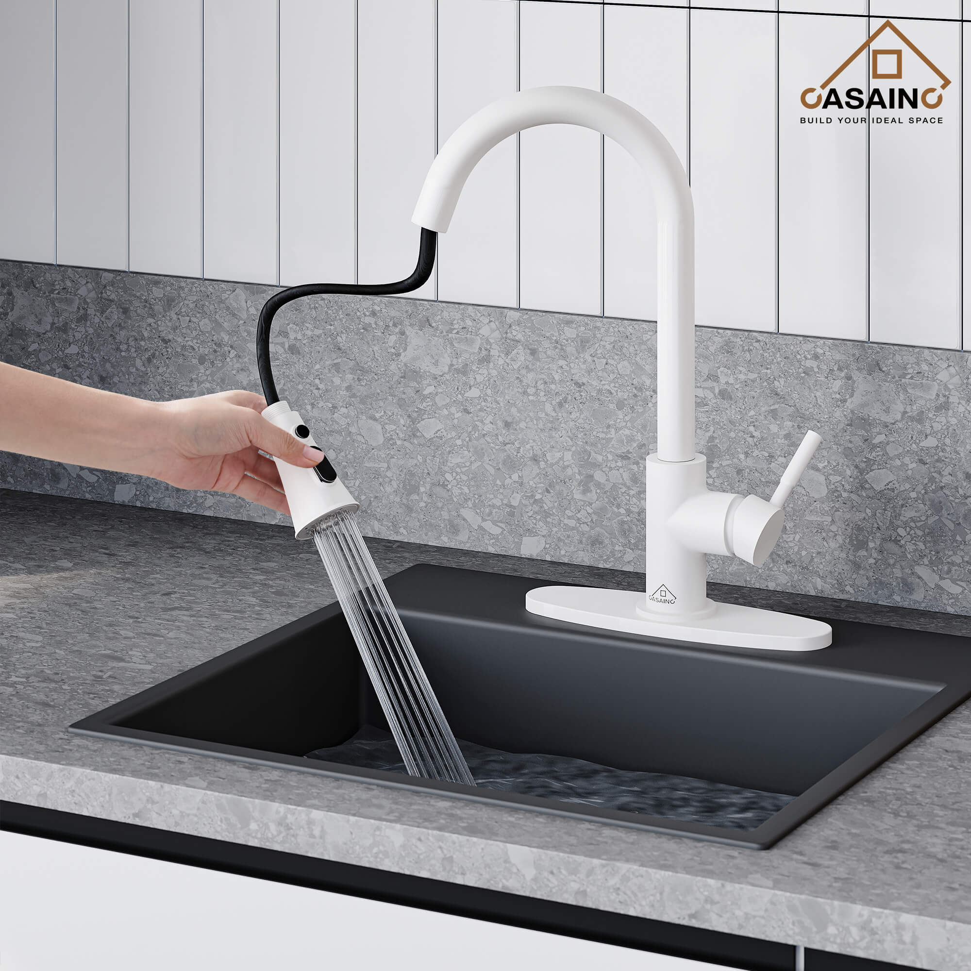 CASAINC 1.8GPM Pull-out Kitchen Faucet in Matte Black/White-CASAINC