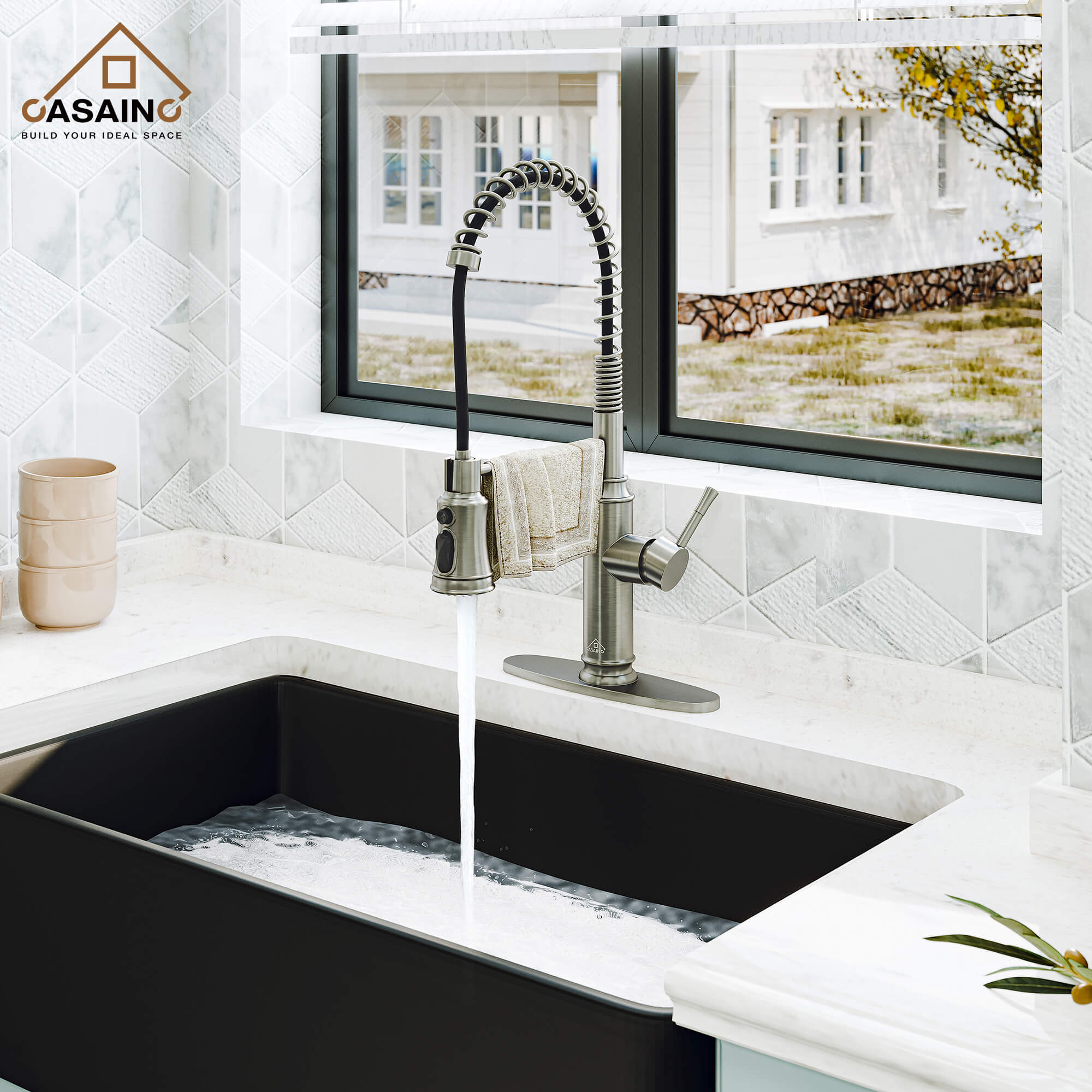 CASAINC pull down kitchen faucet with 1.8gpm spray head function switch in mattle black/brushed nickel-CASAINC