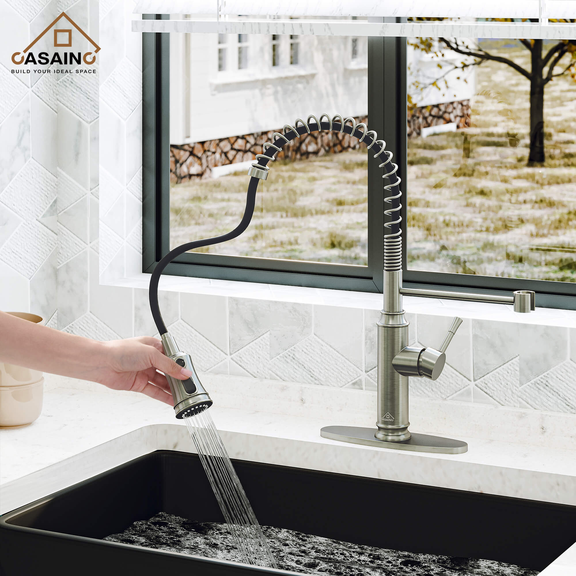 CASAINC pull down kitchen faucet with 1.8gpm spray head function switch in mattle black/brushed nickel-CASAINC