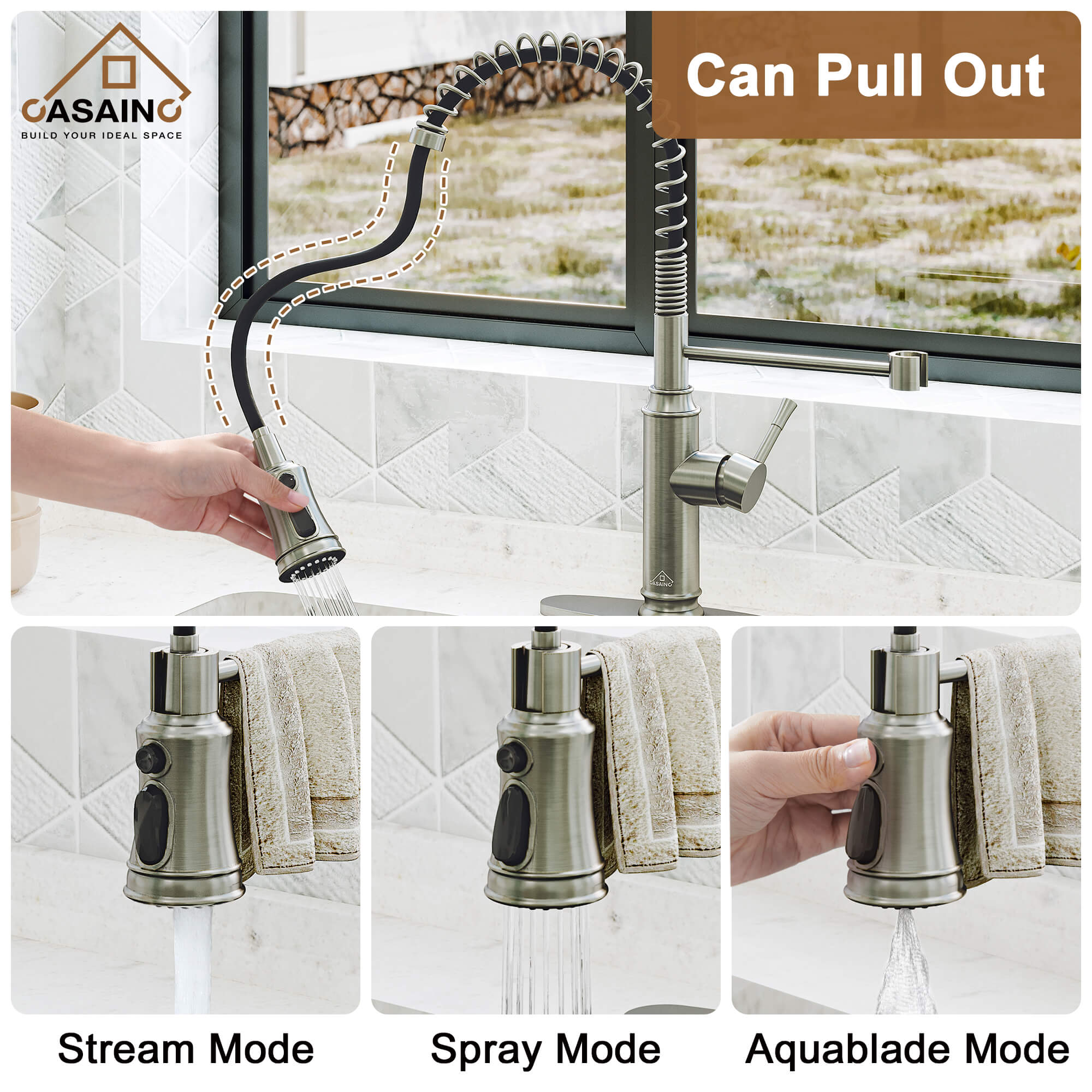 CASAINC pull down kitchen faucet with 1.8gpm spray head function switch in mattle black/brushed nickel-CASAINC