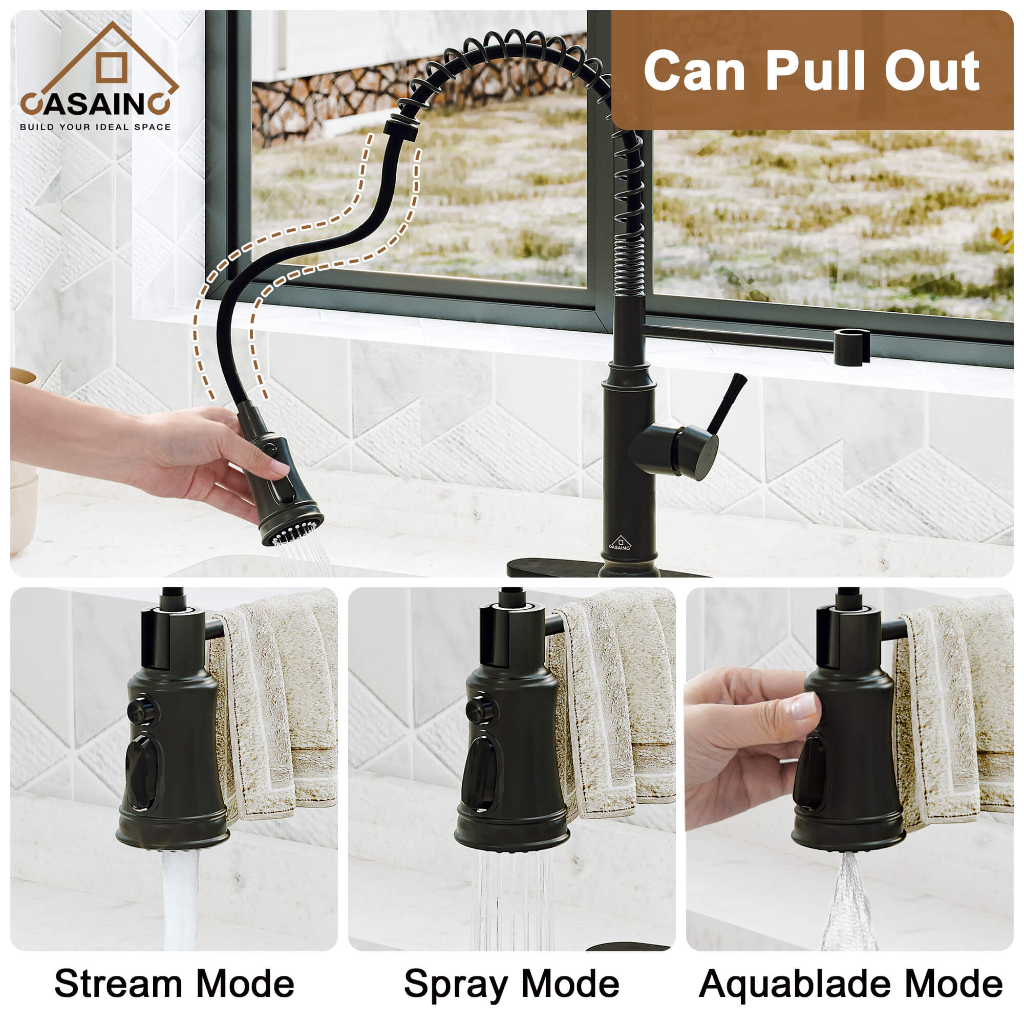 CASAINC pull down kitchen faucet with 1.8gpm spray head function switch in mattle black/brushed nickel-CASAINC