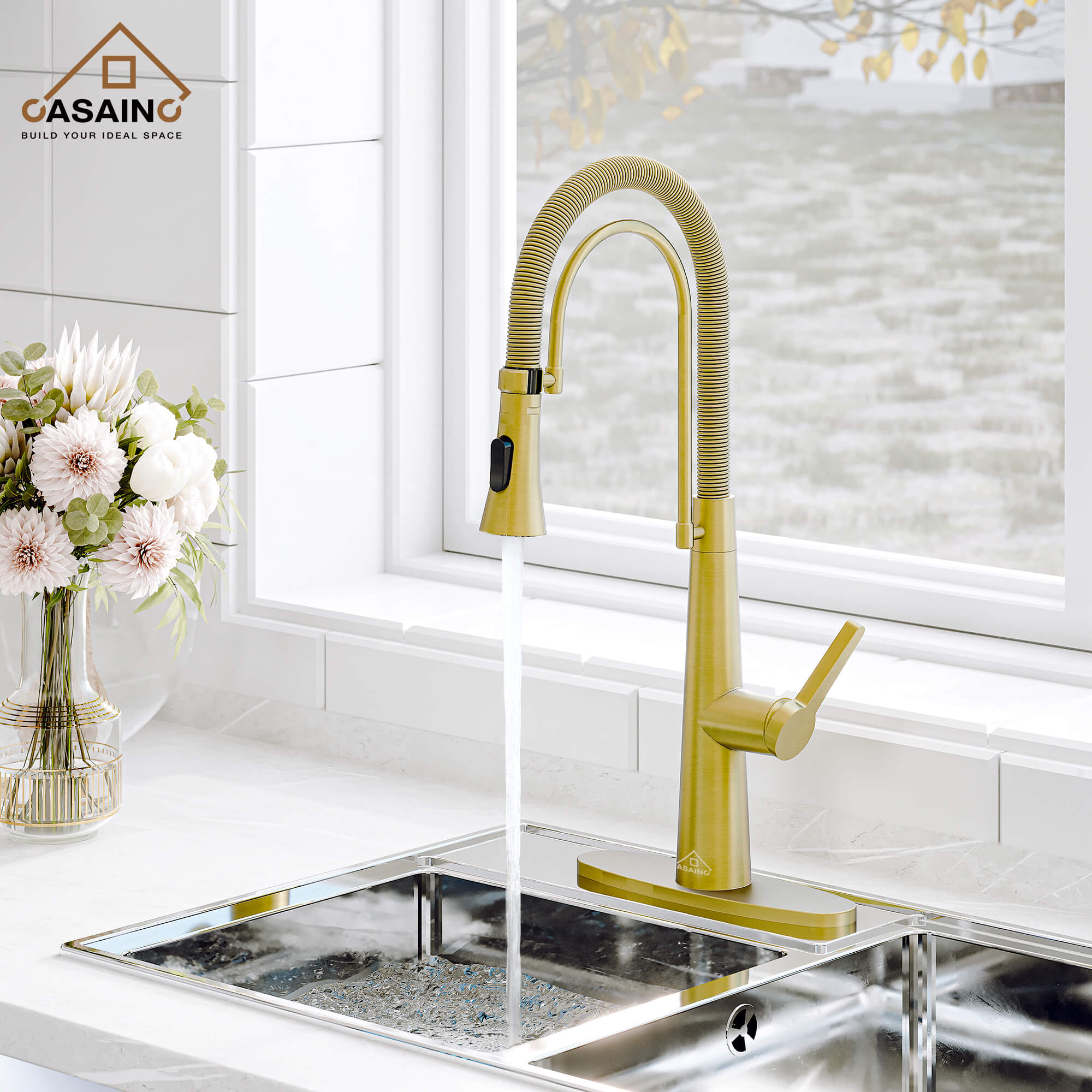 CASAINC 1.8GPM Two-function Spring Kitchen Faucet in Brushed Nickel/Gold and Black-CASAINC