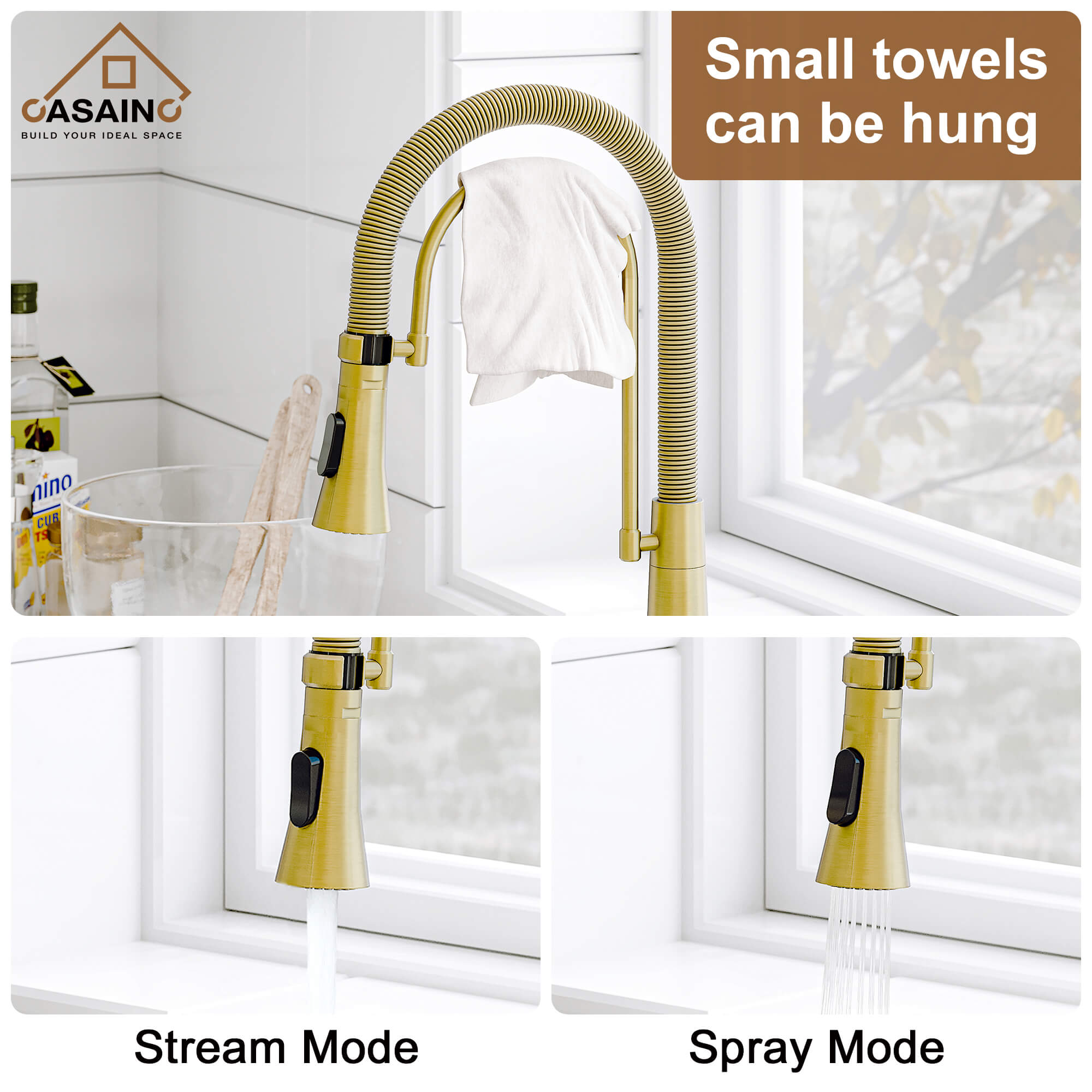 CASAINC 1.8GPM Two-function Spring Kitchen Faucet in Brushed Nickel/Gold and Black-CASAINC