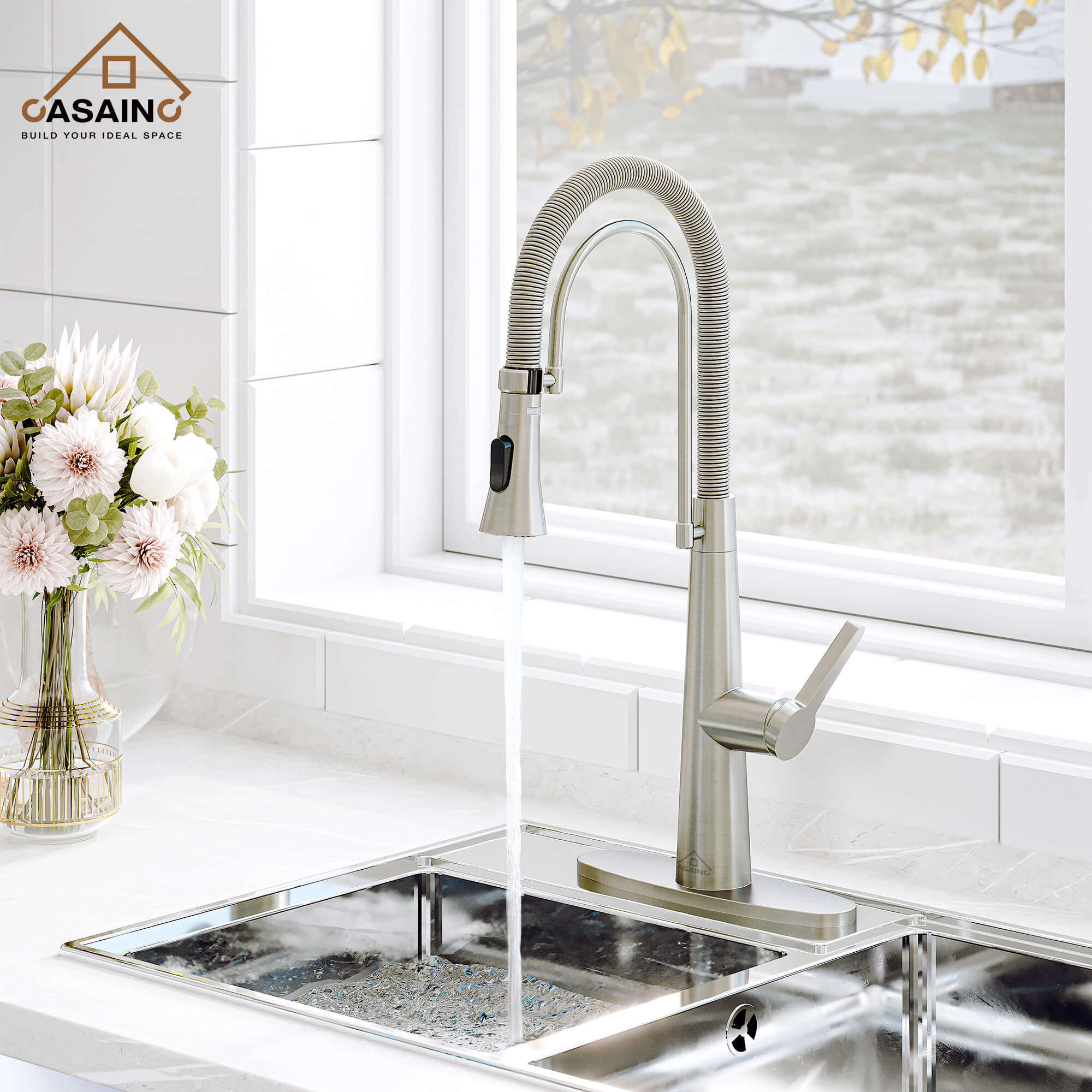 CASAINC 1.8GPM Two-function Spring Kitchen Faucet in Brushed Nickel/Gold and Black-CASAINC