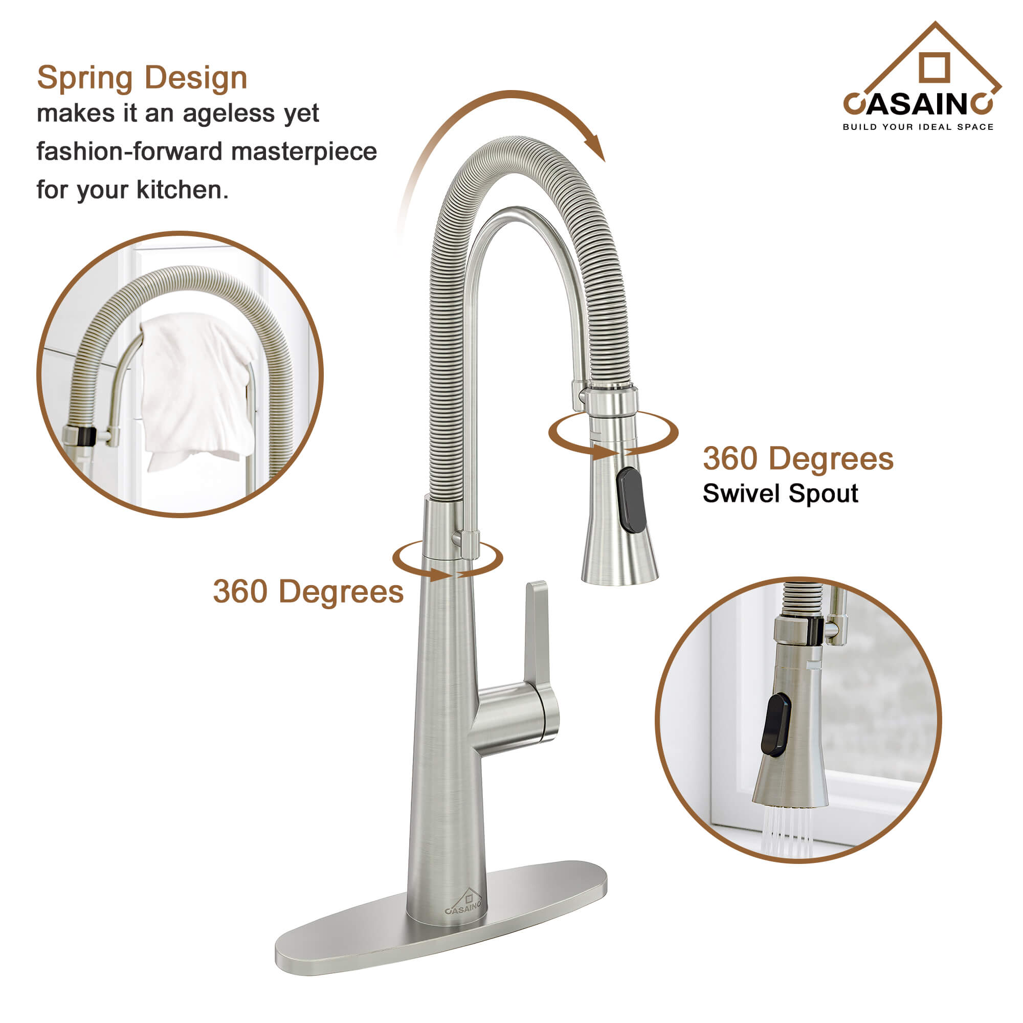 CASAINC 1.8GPM Two-function Spring Kitchen Faucet in Brushed Nickel/Gold and Black-CASAINC