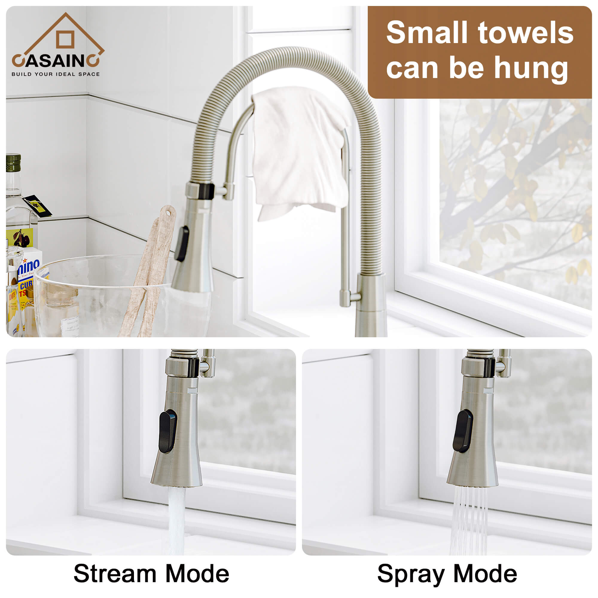 CASAINC 1.8GPM Two-function Spring Kitchen Faucet in Brushed Nickel/Gold and Black-CASAINC