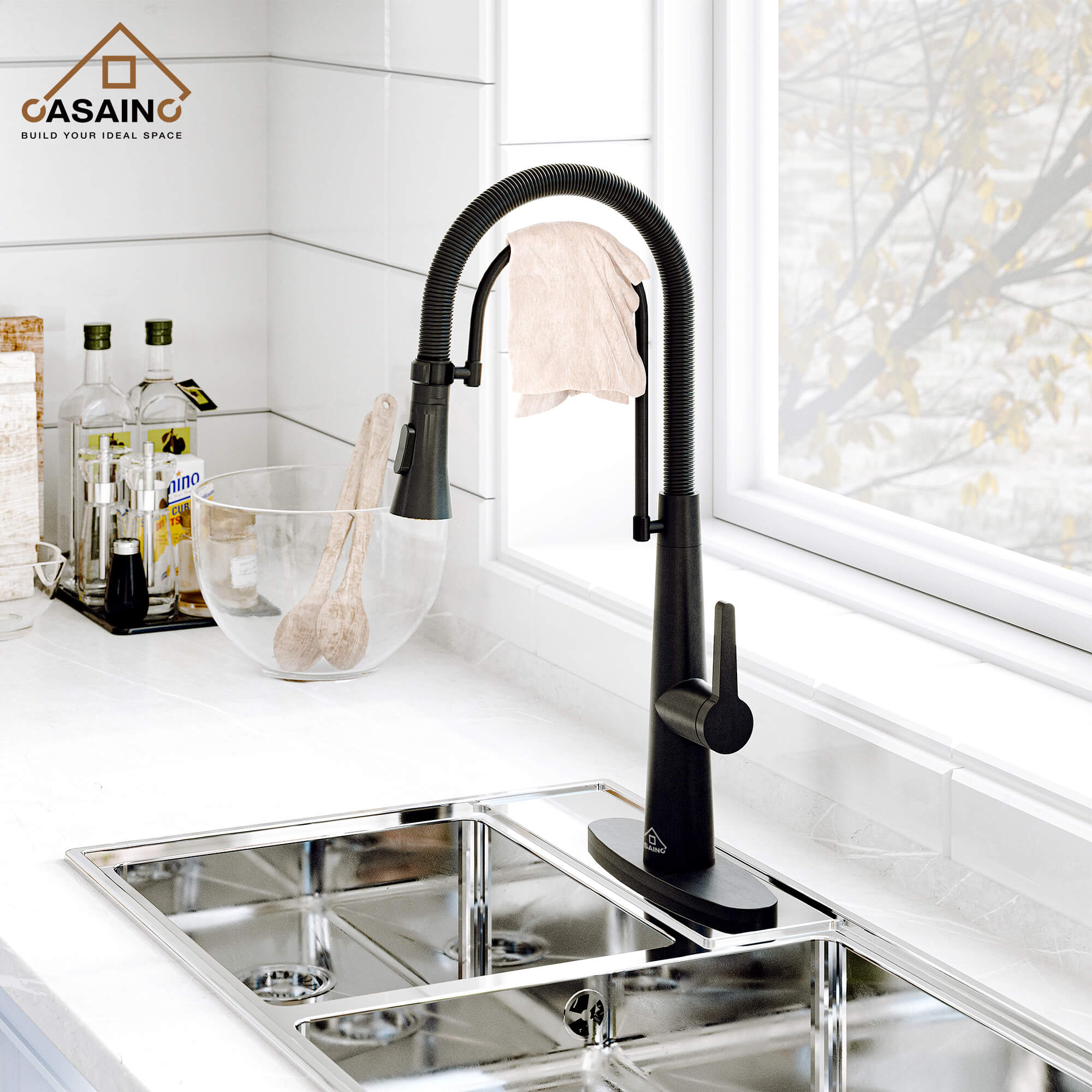 CASAINC 1.8GPM Two-function Spring Kitchen Faucet in Brushed Nickel/Gold and Black-CASAINC