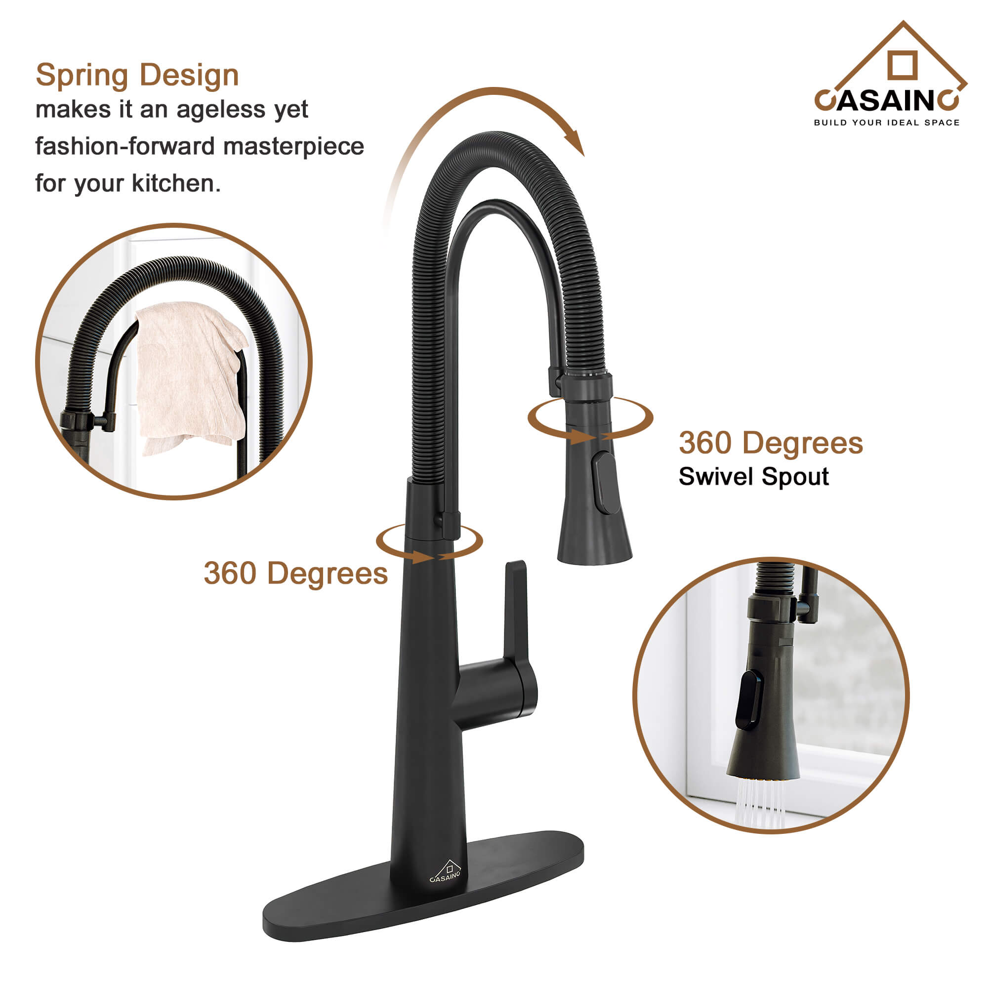 CASAINC 1.8GPM Two-function Spring Kitchen Faucet in Brushed Nickel/Gold and Black-CASAINC