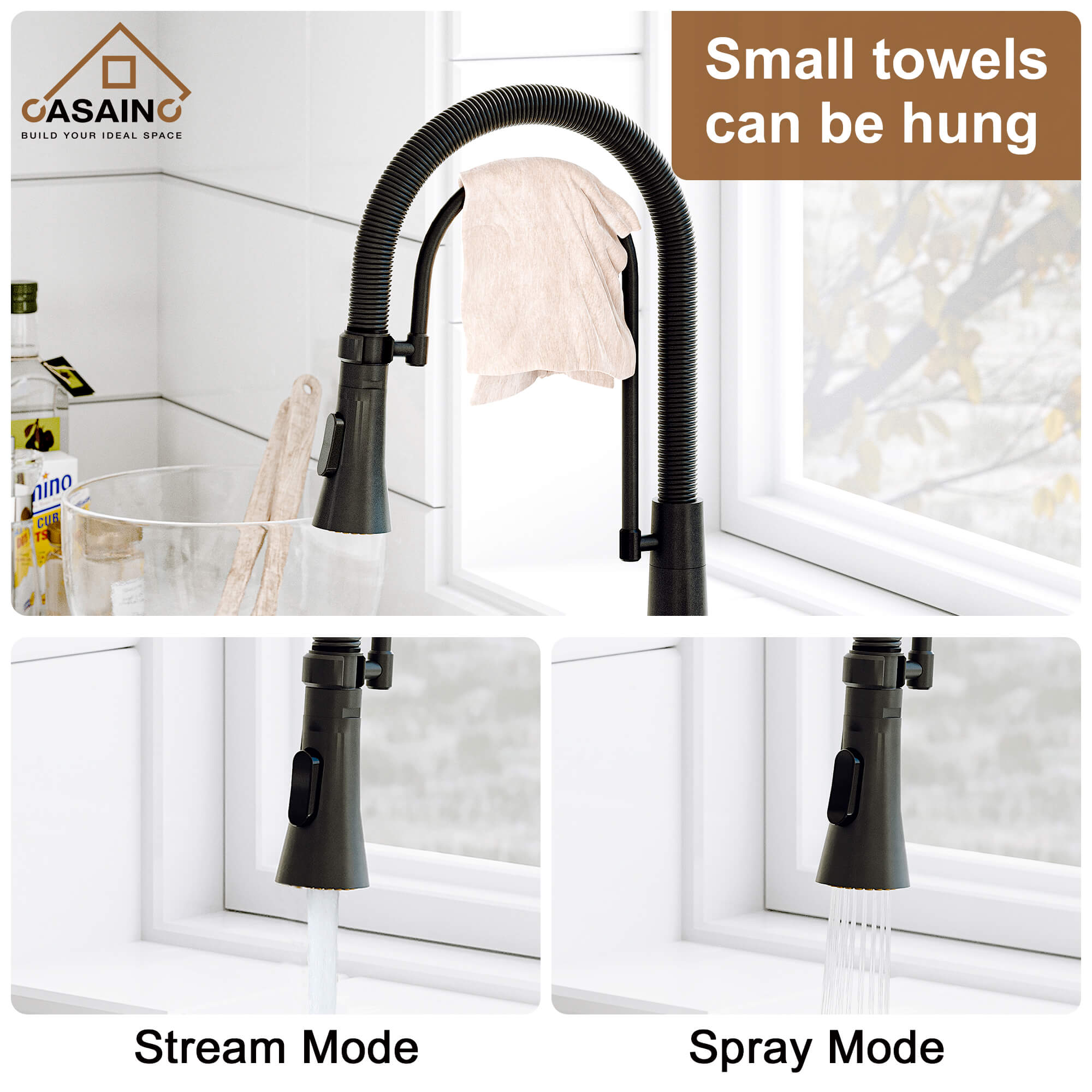 CASAINC 1.8GPM Two-function Spring Kitchen Faucet in Brushed Nickel/Gold and Black-CASAINC