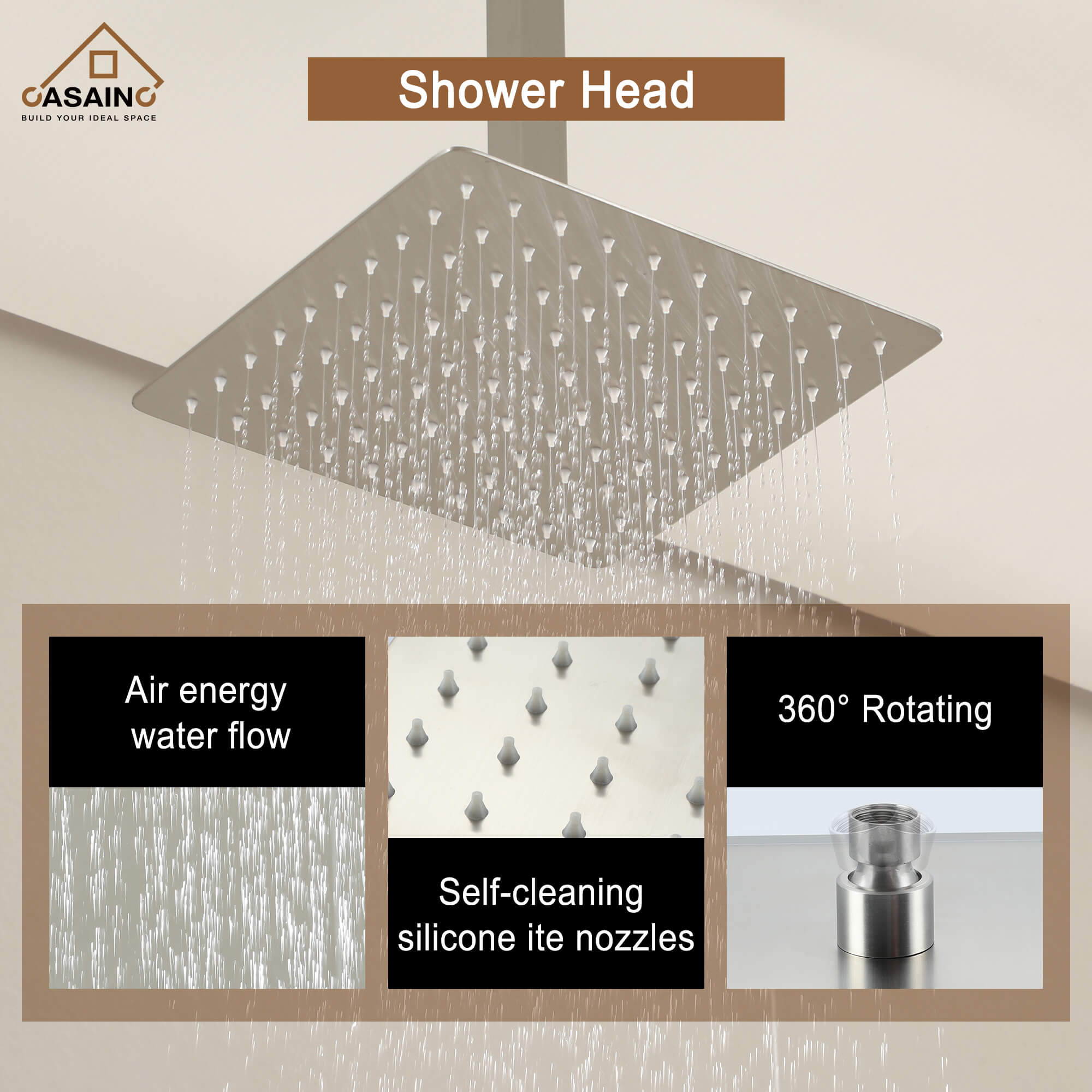 CASAINC 2-Function Shower System with Handheld Shower in Brushed Nickel/Matte Black