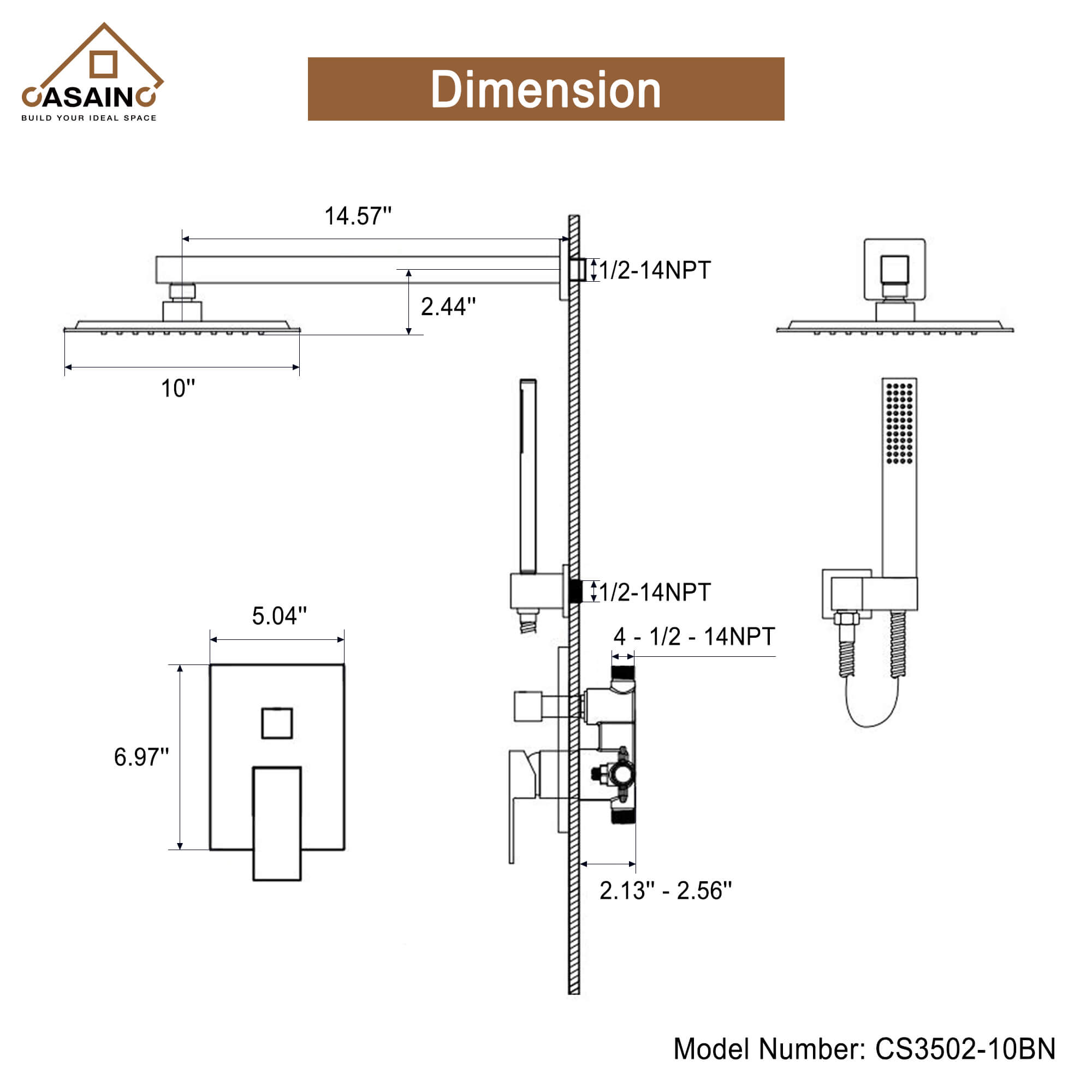 CASAINC 2-Function Shower System with Handheld Shower in Brushed Nickel/Matte Black