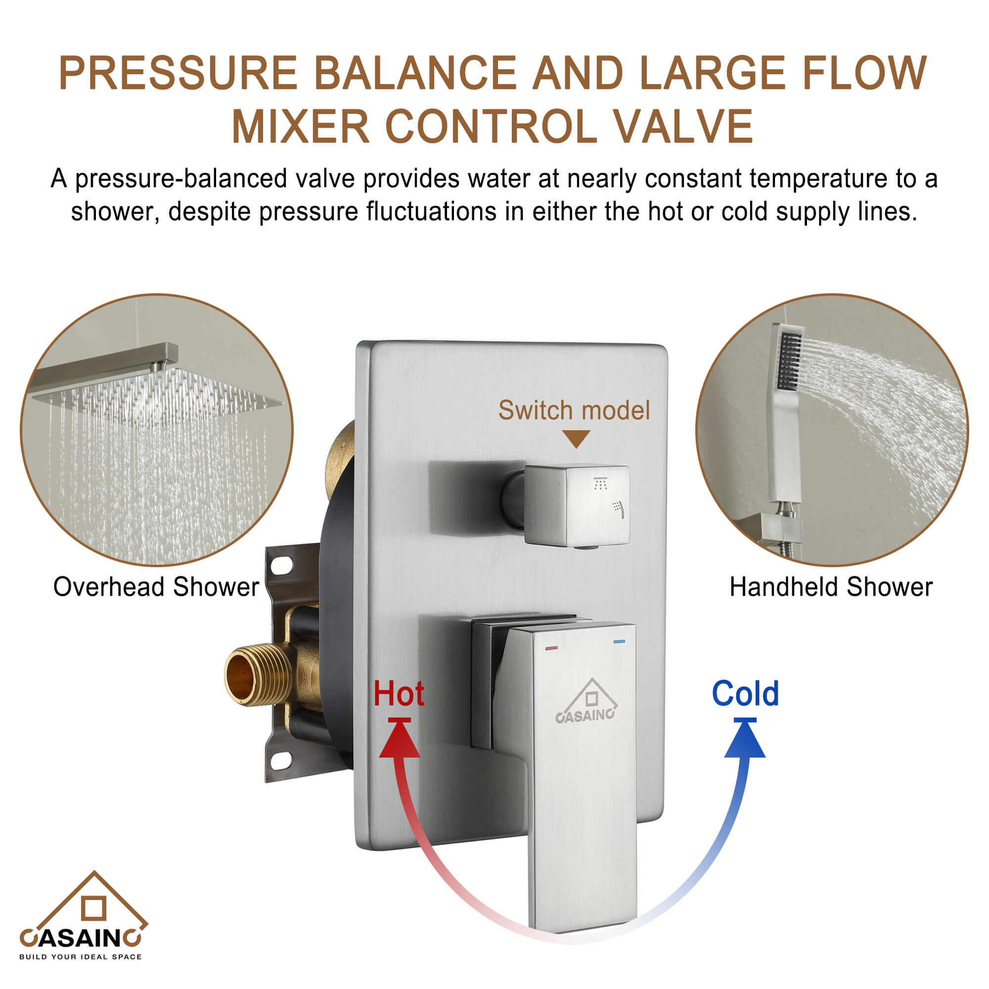 CASAINC 2-Function Shower System with Handheld Shower in Brushed Nickel/Matte Black