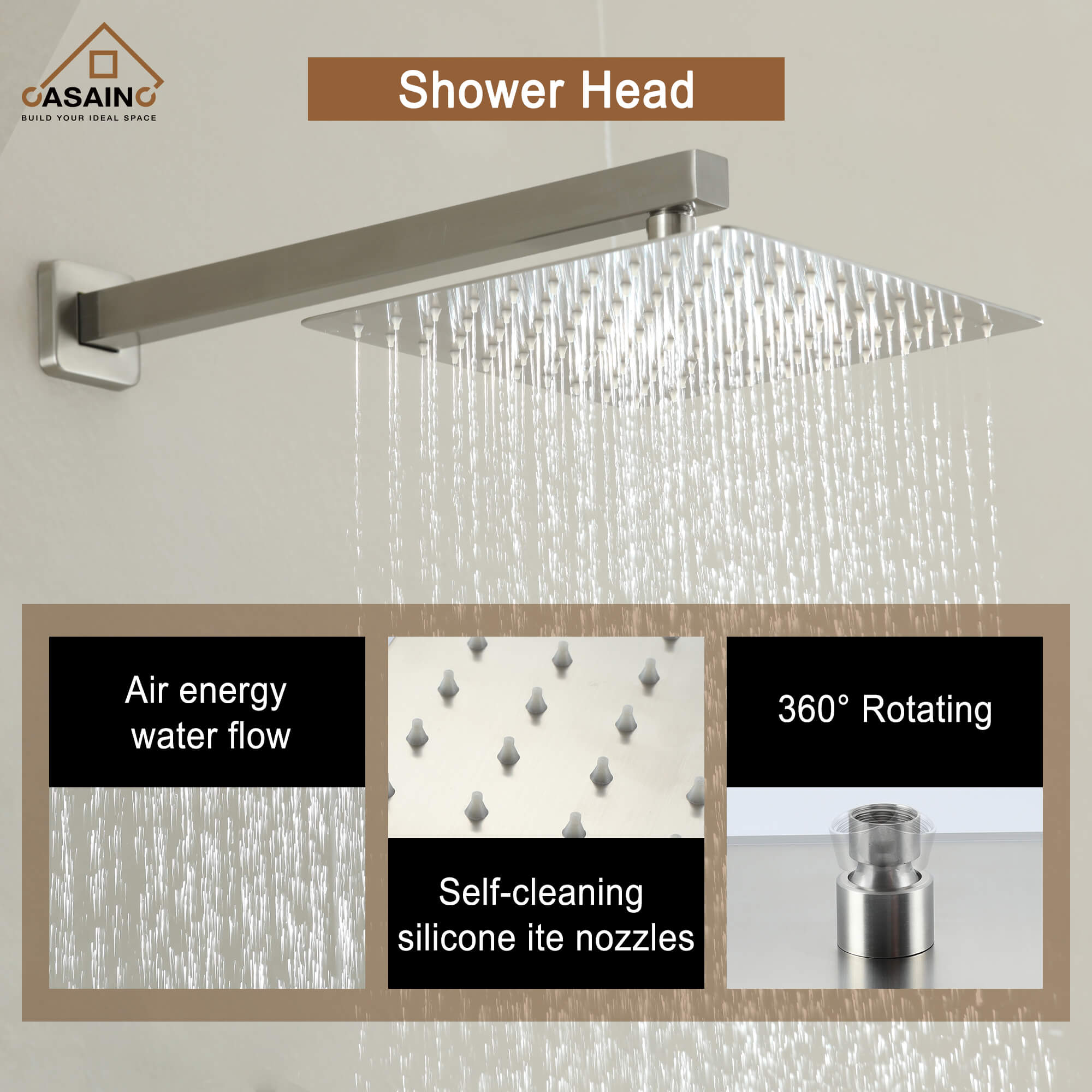 CASAINC 2-Function Shower System with Handheld Shower in Brushed Nickel/Matte Black