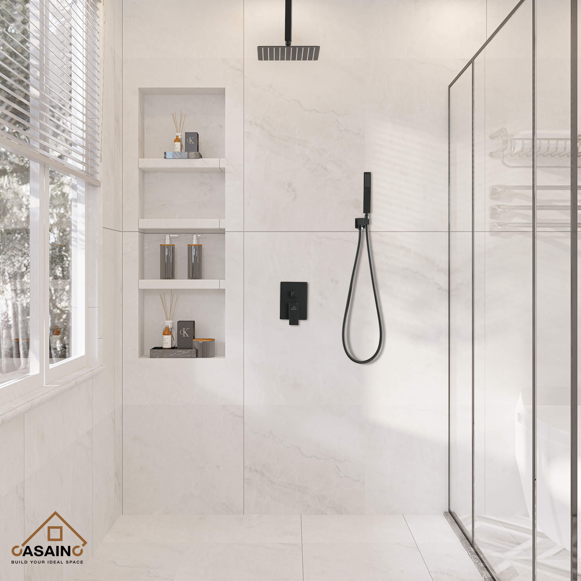 CASAINC Wall-Mounted/Ceiling-Mounted 2-Function Shower System with Handheld Shower in Matte Black