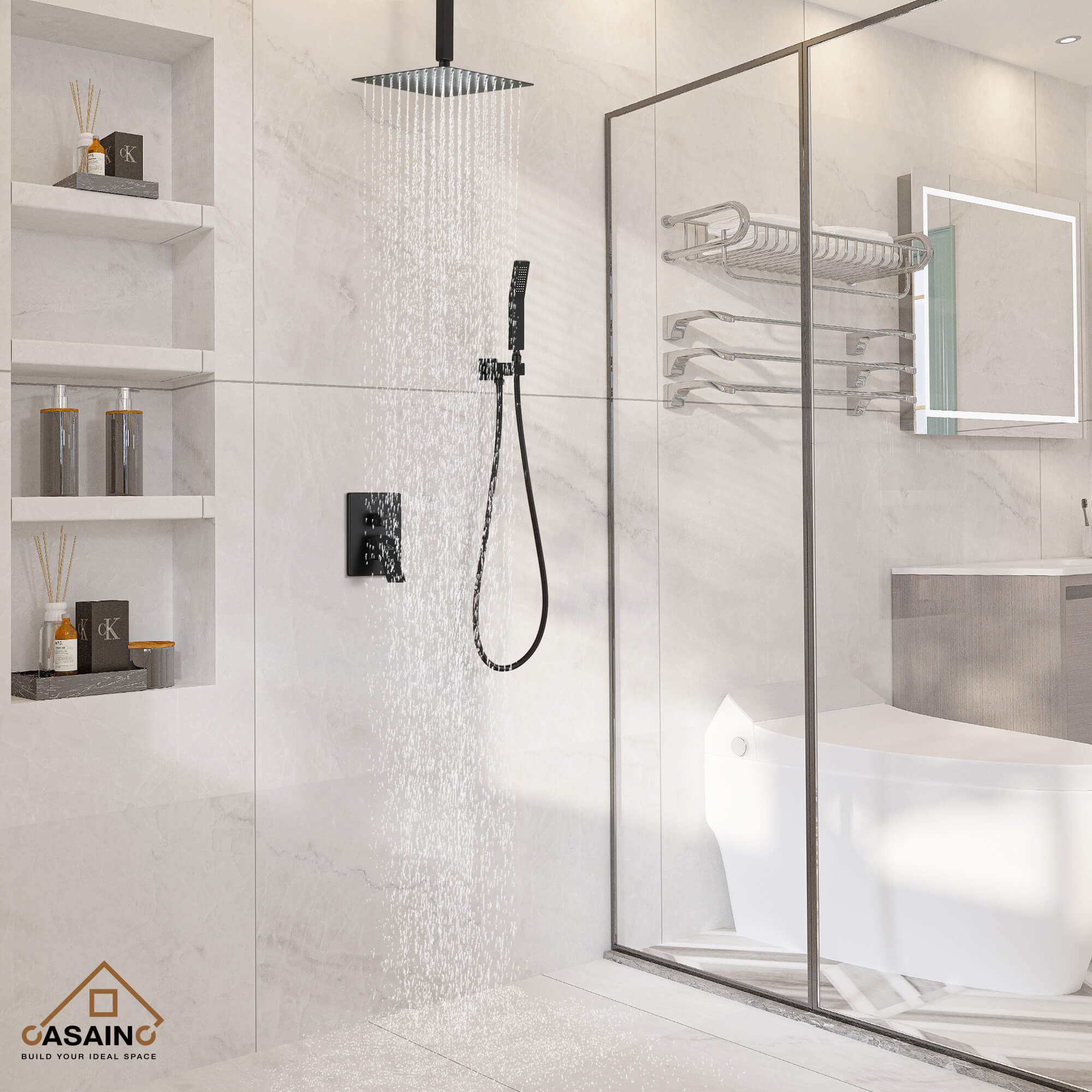 CASAINC Wall-Mounted/Ceiling-Mounted 2-Function Shower System with Handheld Shower in Matte Black