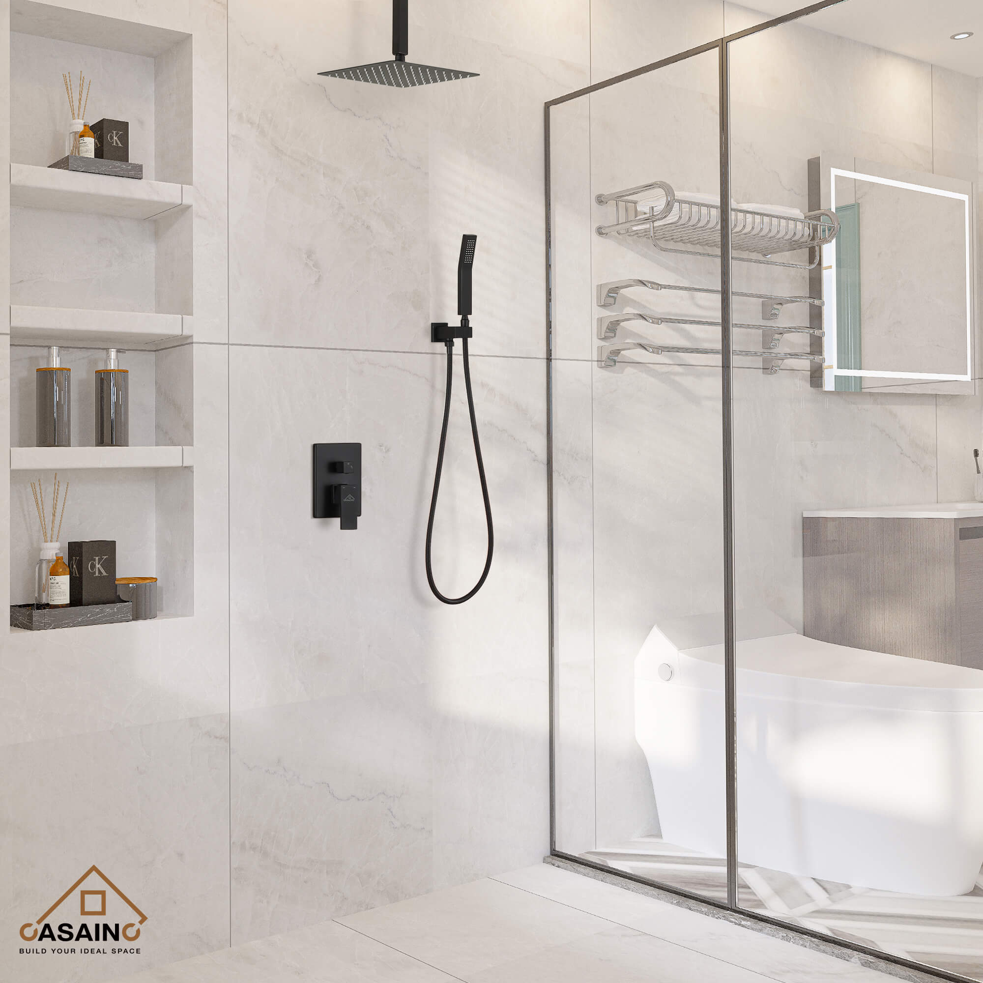 CASAINC Wall-Mounted/Ceiling-Mounted 2-Function Shower System with Handheld Shower in Matte Black