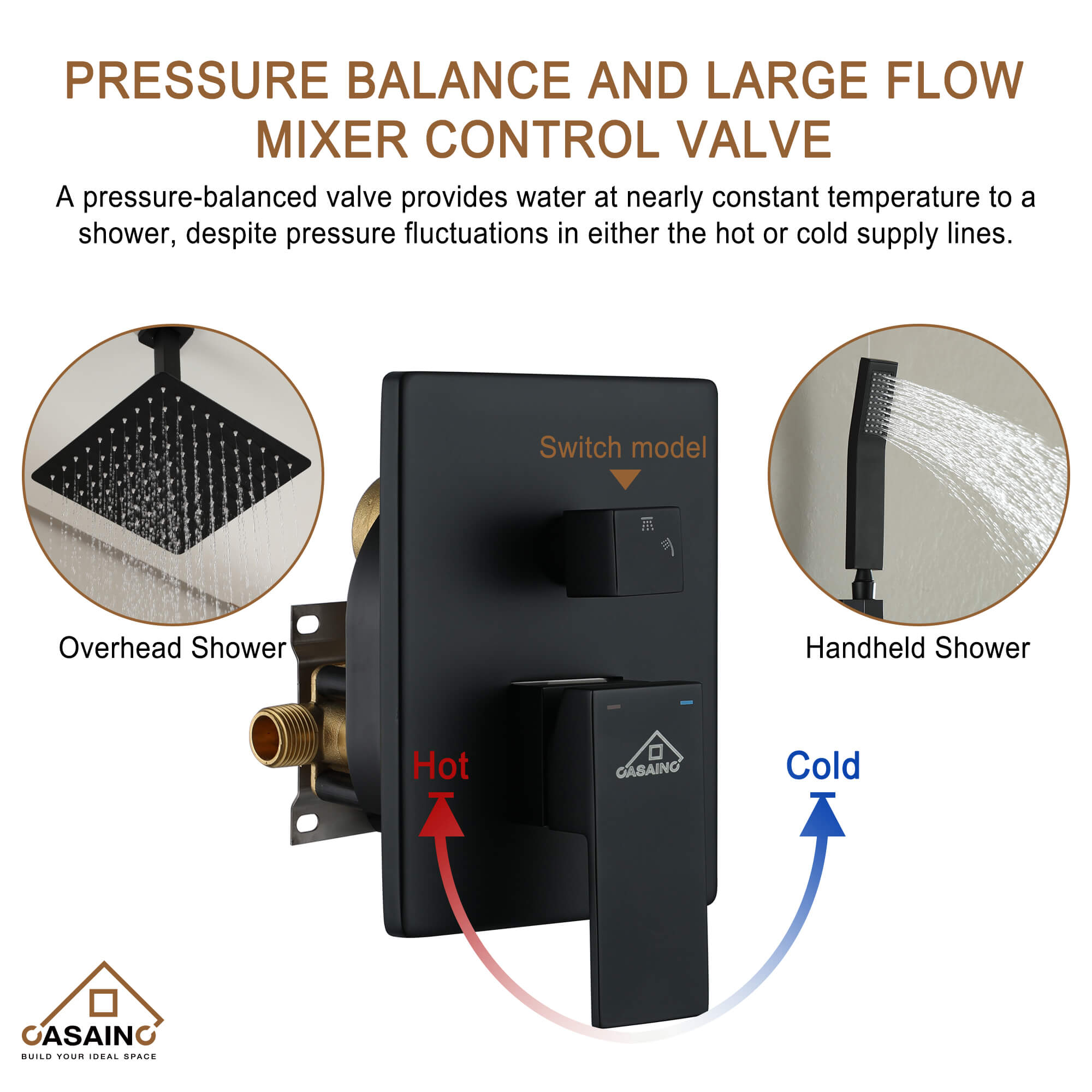 CASAINC Wall-Mounted/Ceiling-Mounted 2-Function Shower System with Handheld Shower in Matte Black