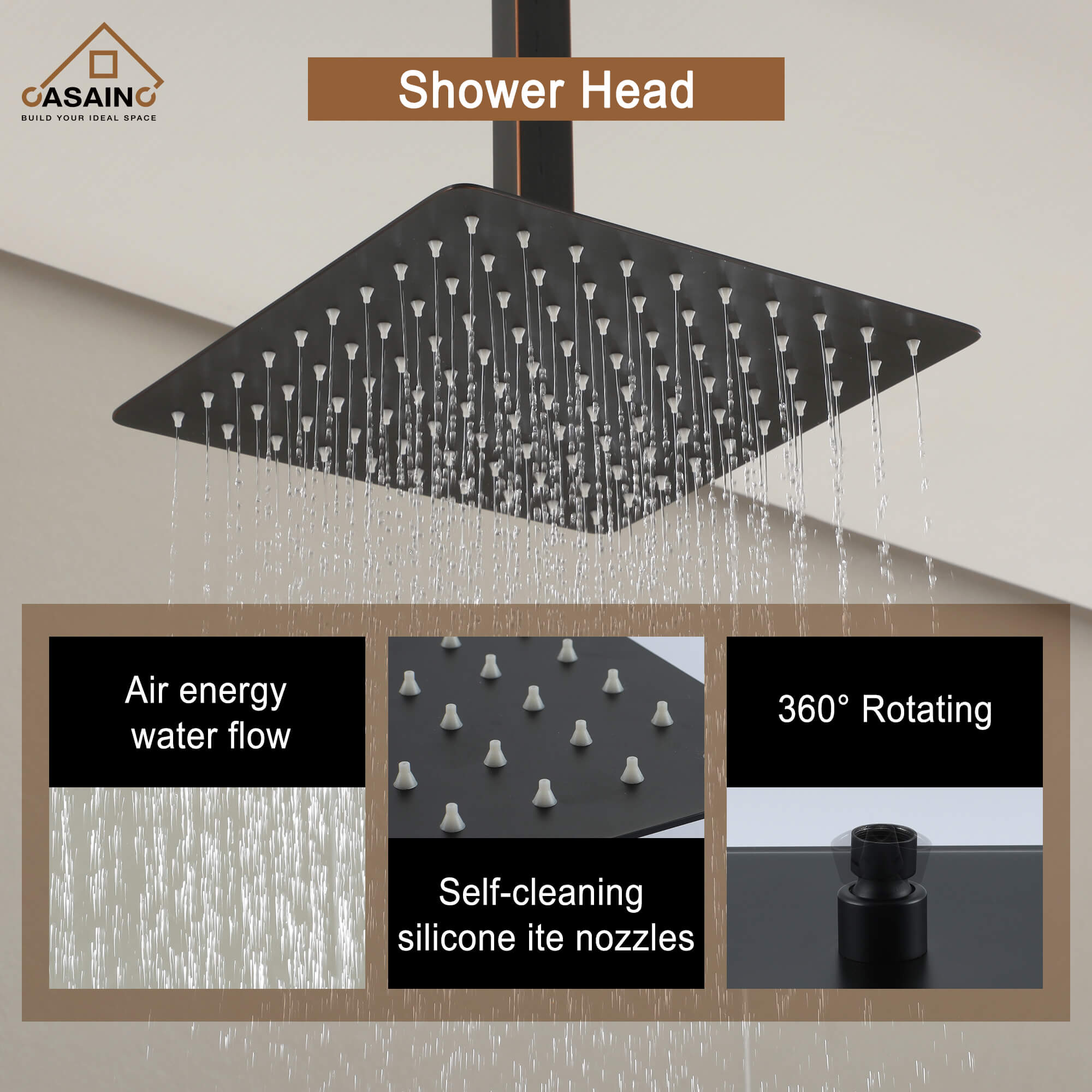 CASAINC Wall-Mounted/Ceiling-Mounted 2-Function Shower System with Handheld Shower in Matte Black
